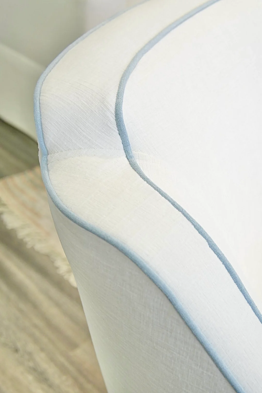 Custom Scalloped Swivel Chair: White Performance Fabric - Sky Blue Trim - Image 6