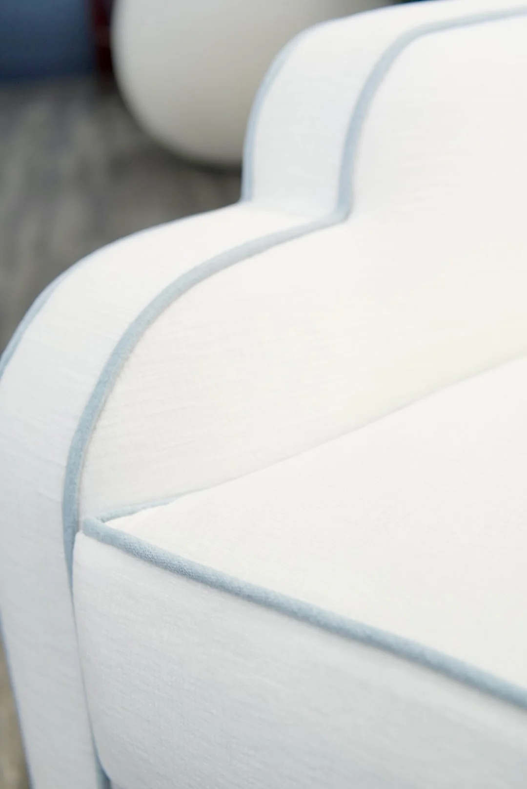 Custom Scalloped Swivel Chair: White Performance Fabric - Sky Blue Trim - Image 9