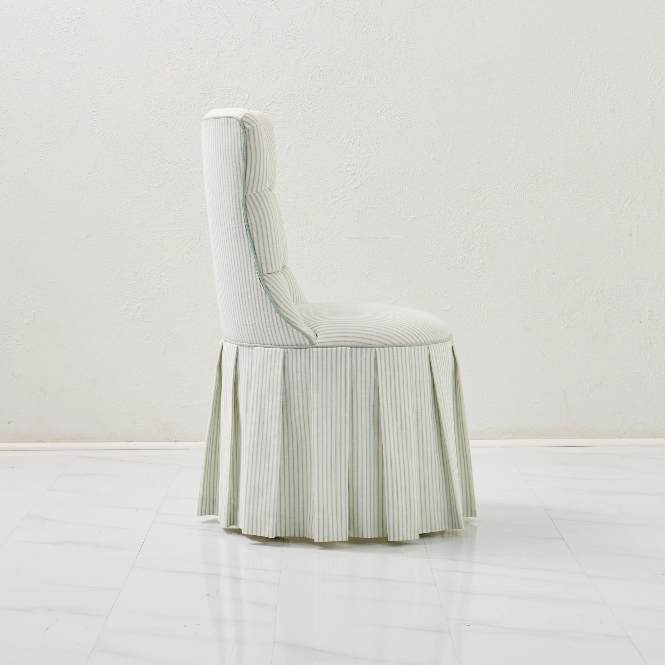 Custom Skirted Vanity Chair / Stool in Classic Green Striped- Pistachio Trim - Image 5
