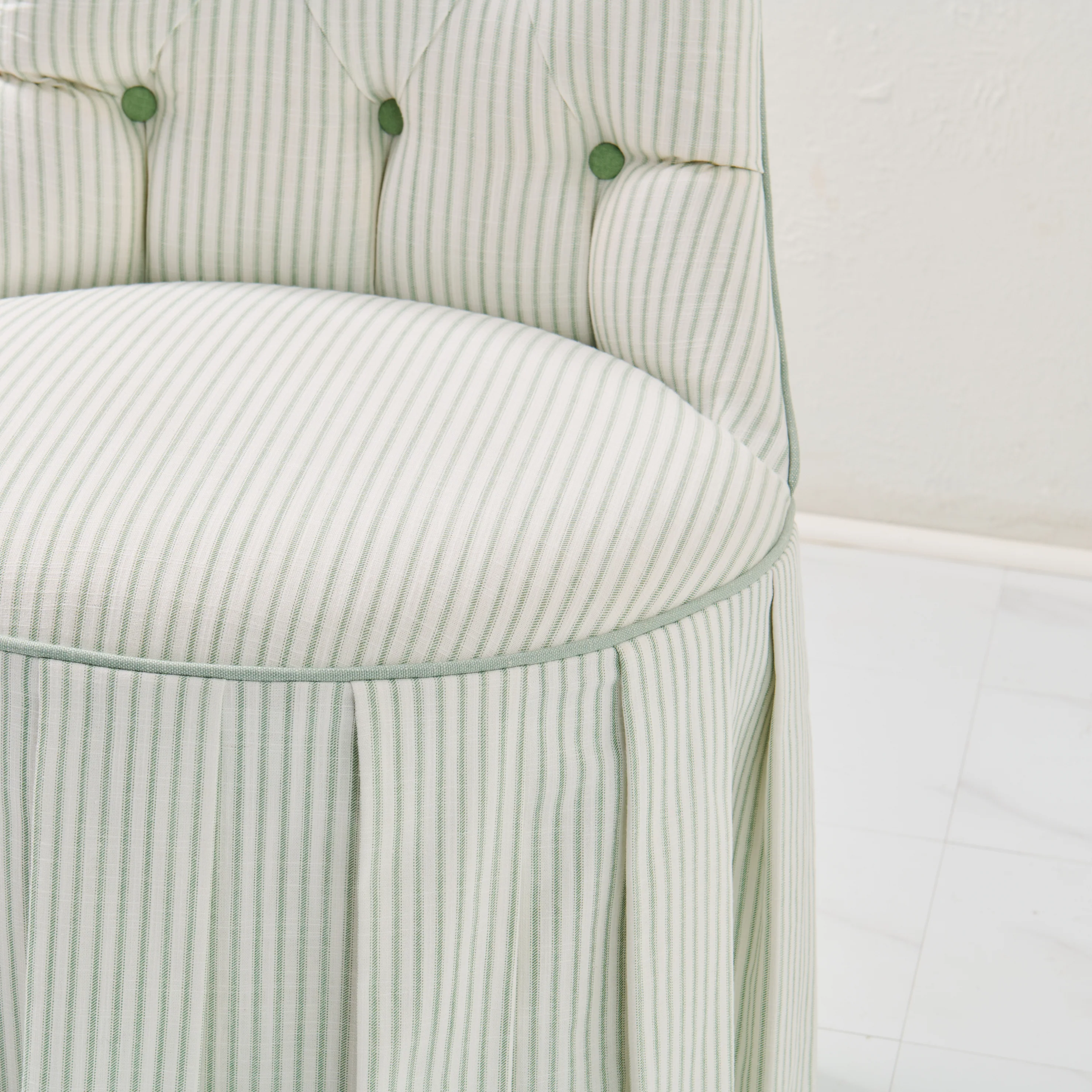 Custom Skirted Vanity Chair / Stool in Classic Green Striped- Pistachio Trim - Image 9
