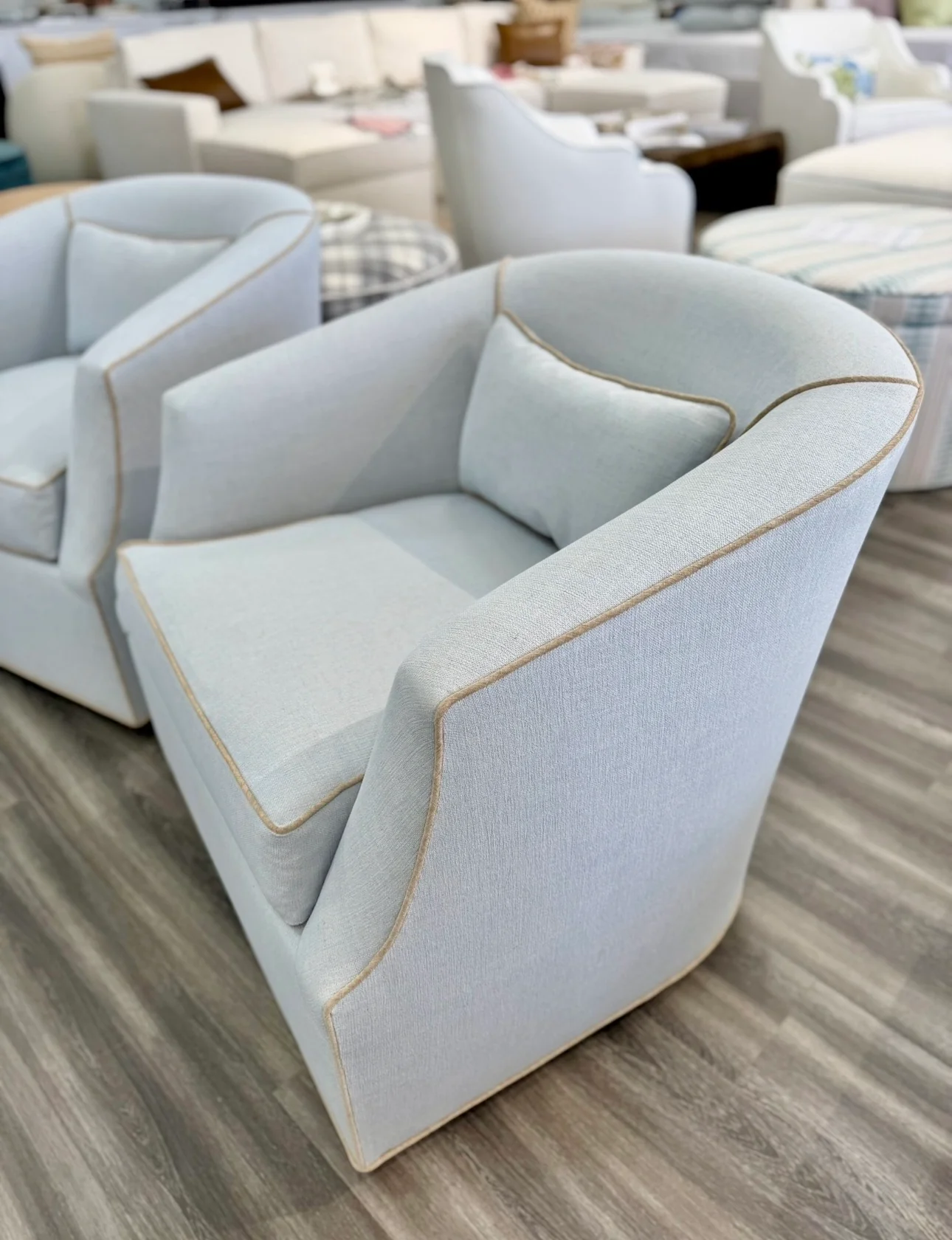 Custom Swivel Chair -  Performance Crypton Fabric in Light Blue - Mushroom Trim - Image 10