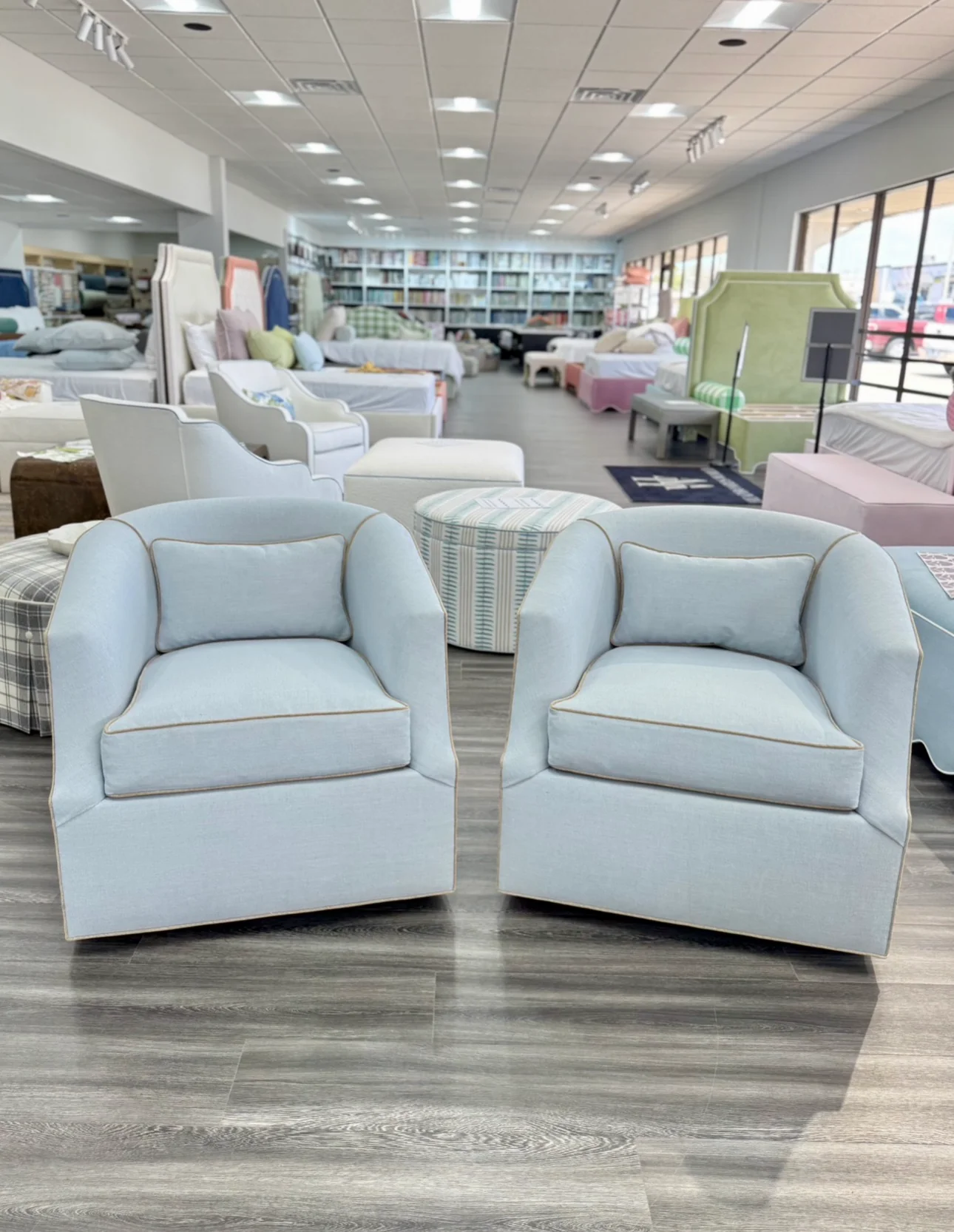 Custom Swivel Chair -  Performance Crypton Fabric in Light Blue - Mushroom Trim - Image 11