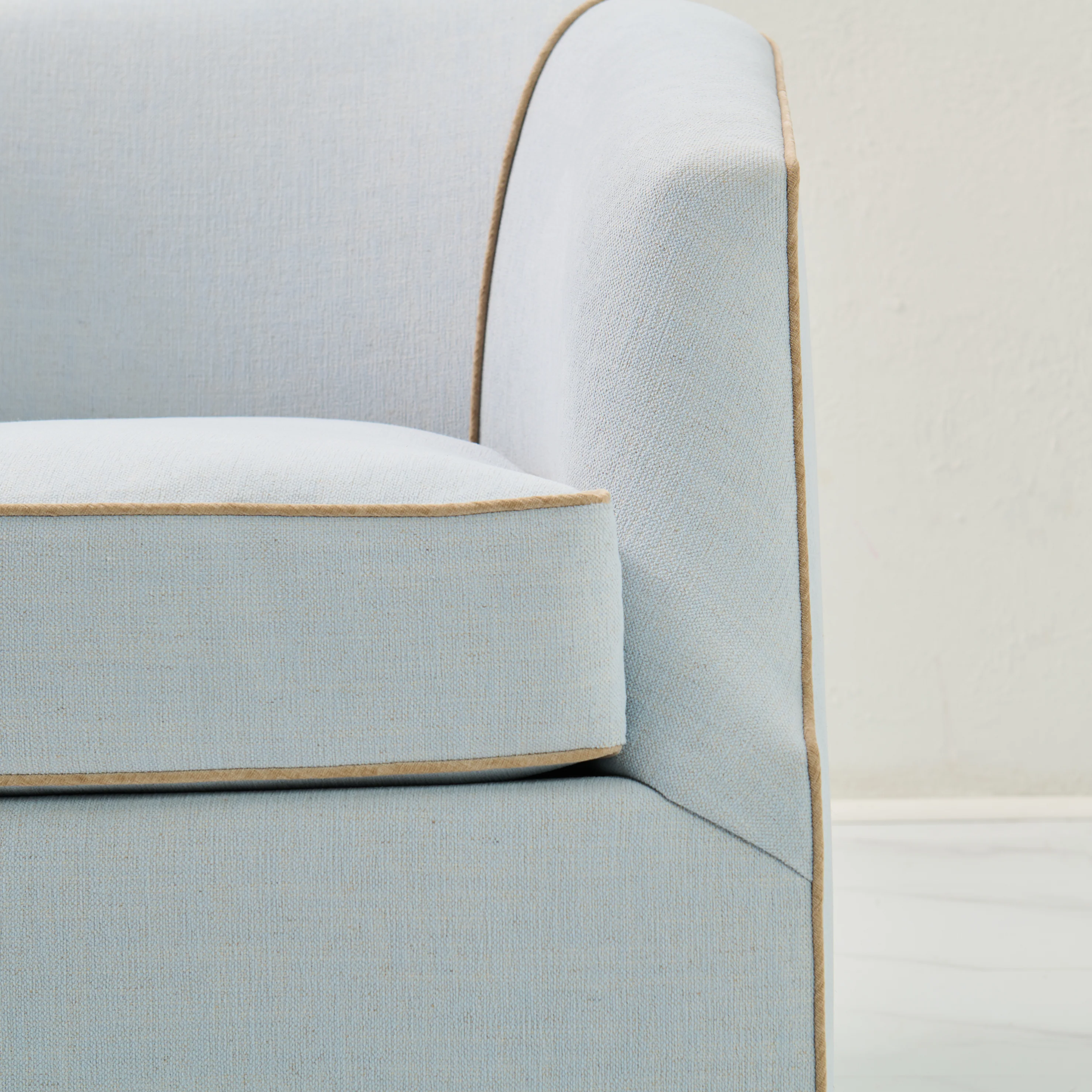 Custom Swivel Chair -  Performance Crypton Fabric in Light Blue - Mushroom Trim - Image 2