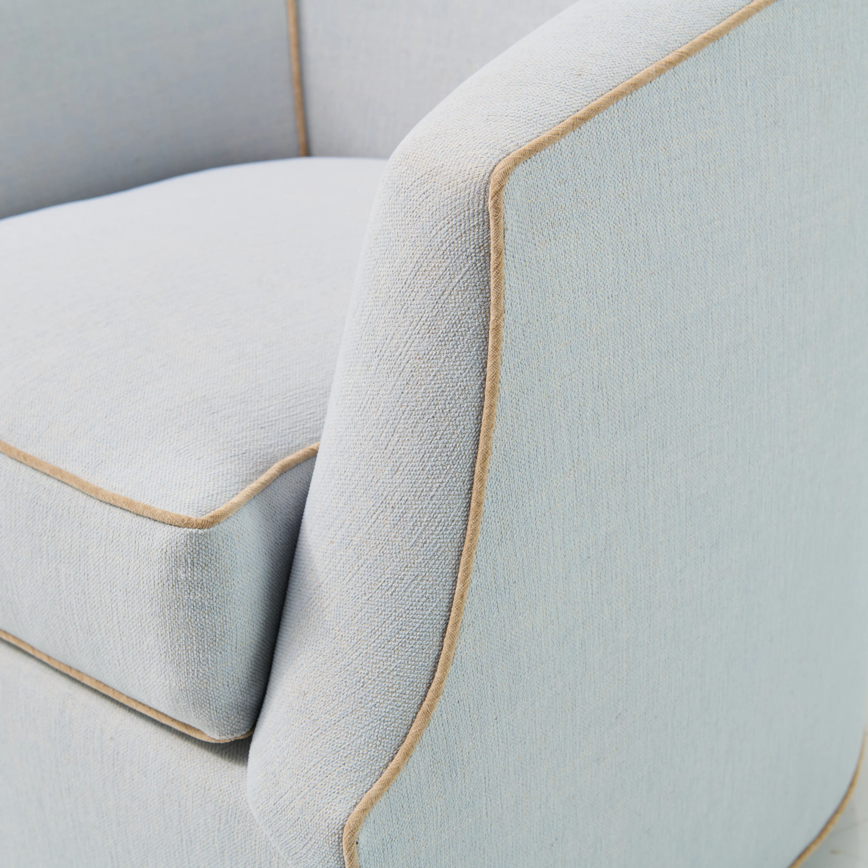 Custom Swivel Chair -  Performance Crypton Fabric in Light Blue - Mushroom Trim - Image 3