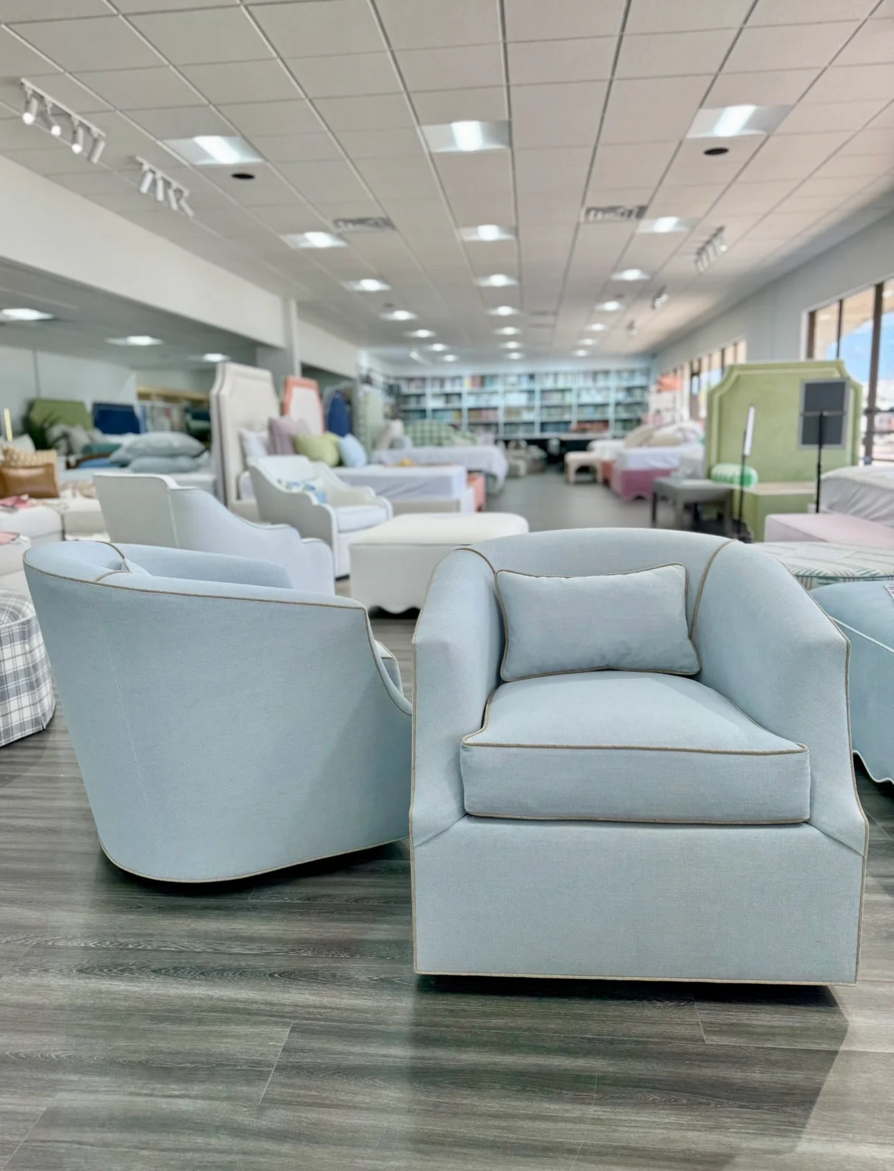 Custom Swivel Chair -  Performance Crypton Fabric in Light Blue - Mushroom Trim - Image 4