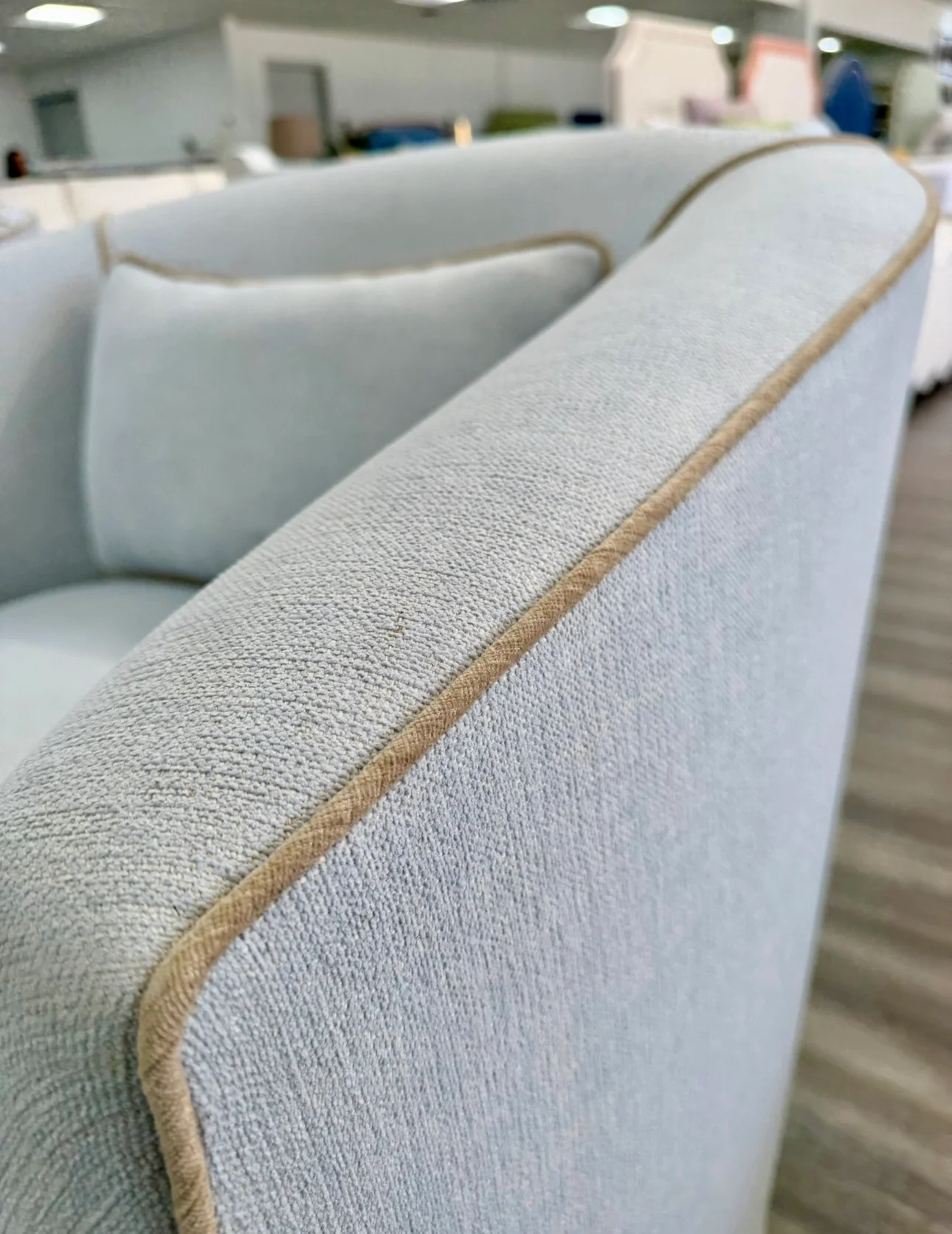 Custom Swivel Chair -  Performance Crypton Fabric in Light Blue - Mushroom Trim - Image 5