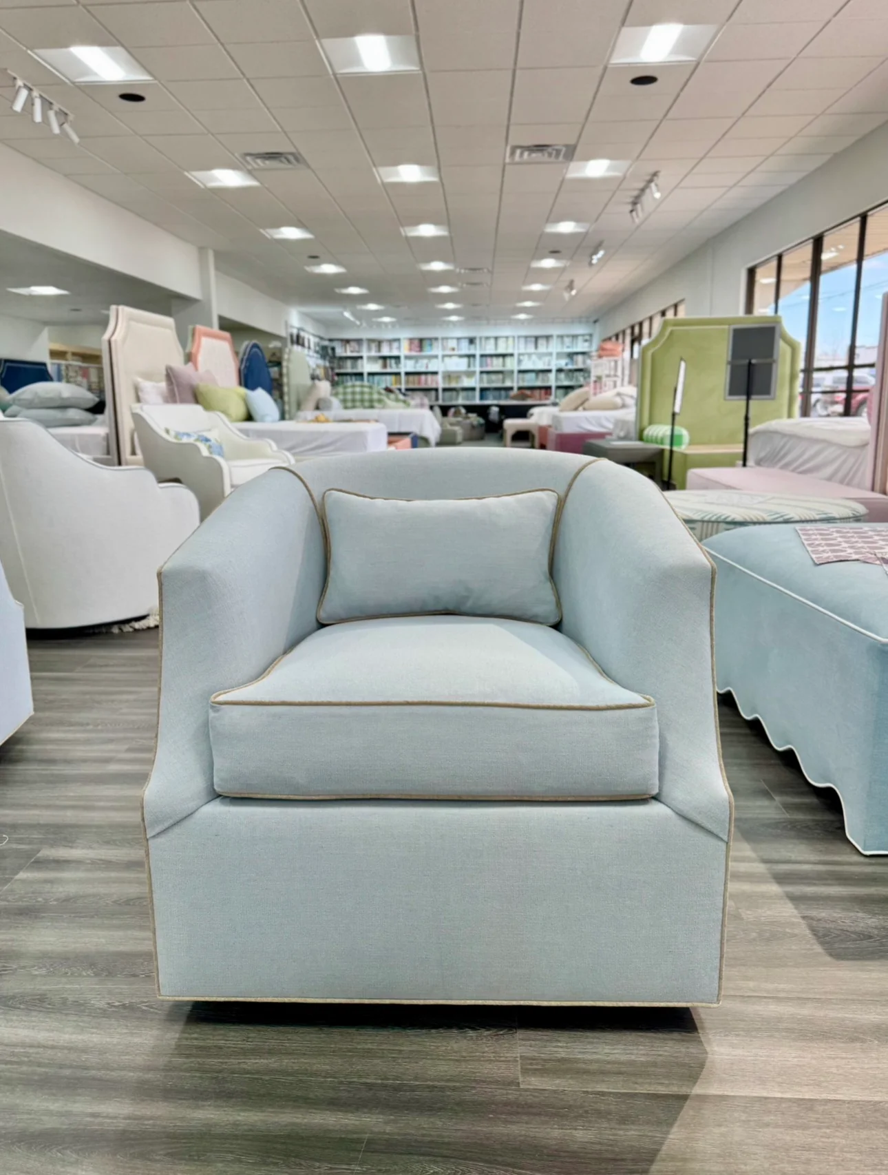Custom Swivel Chair -  Performance Crypton Fabric in Light Blue - Mushroom Trim - Image 6