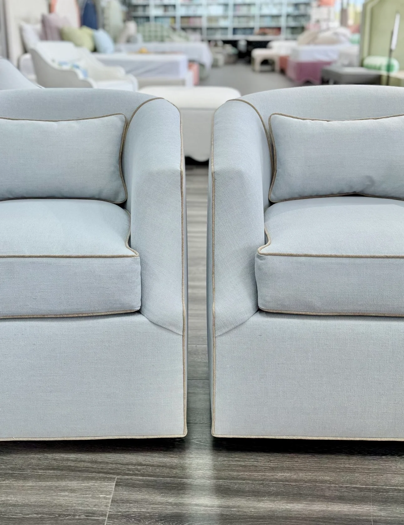 Custom Swivel Chair -  Performance Crypton Fabric in Light Blue - Mushroom Trim - Image 7