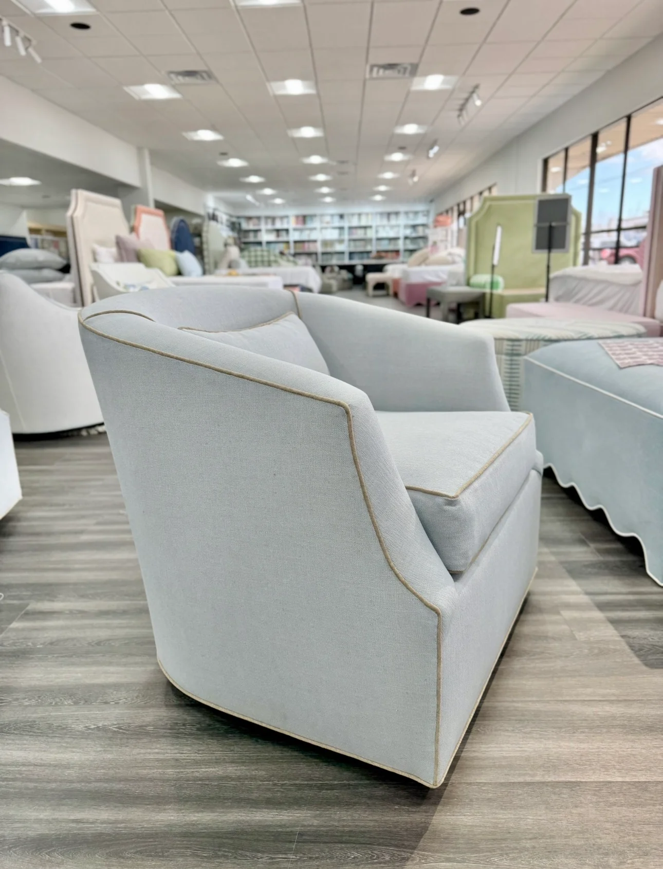 Custom Swivel Chair -  Performance Crypton Fabric in Light Blue - Mushroom Trim - Image 8