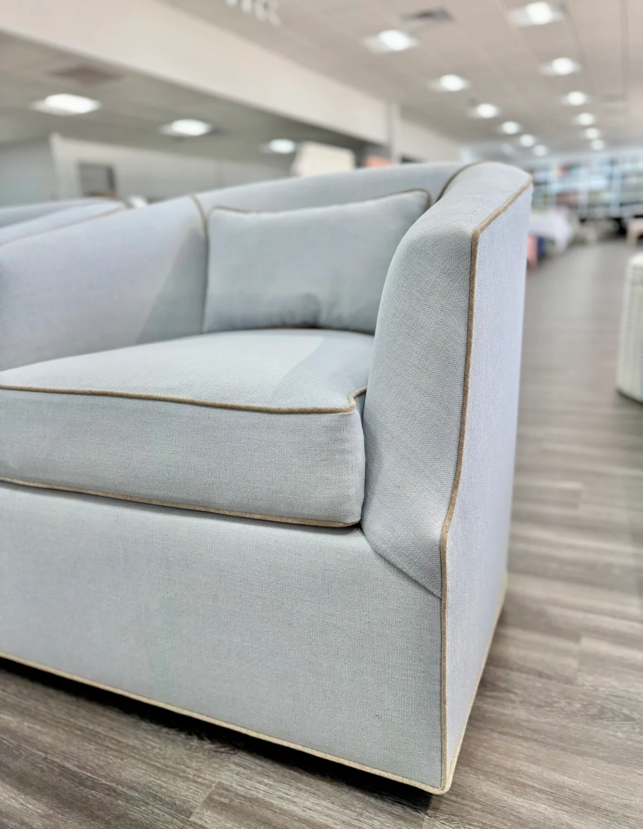 Custom Swivel Chair -  Performance Crypton Fabric in Light Blue - Mushroom Trim - Image 9