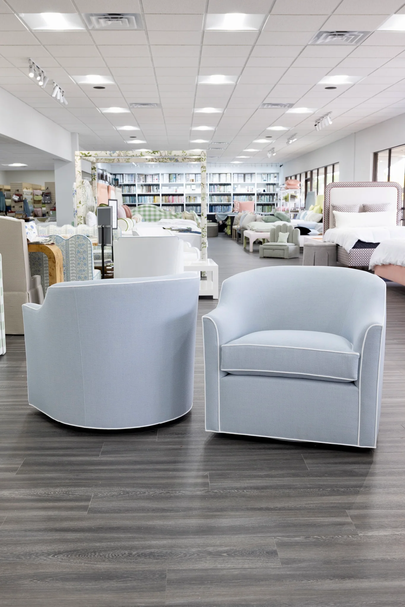 Custom Swivel Chair: Performance Light Blue Crypton Fabric - White Trim - Image 2