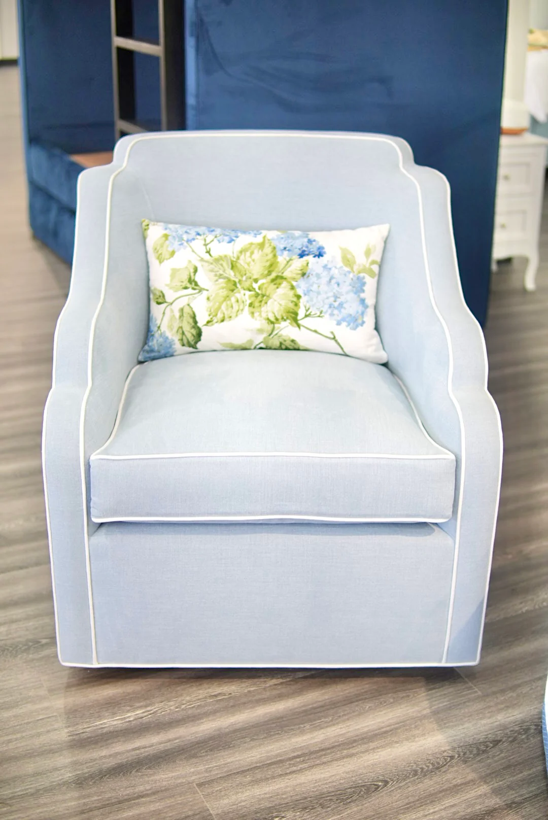 Custom Scalloped Swivel Chair: Sky Blue woven Fabric - Image 3