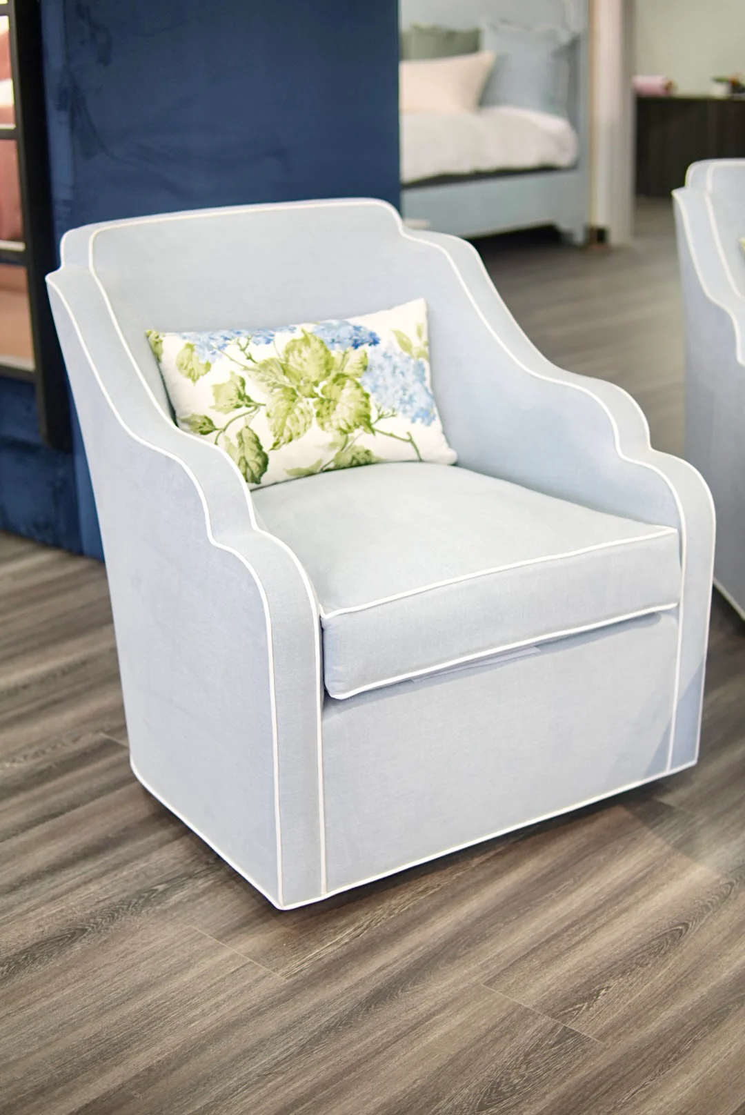 Custom Scalloped Swivel Chair: Sky Blue woven Fabric - Image 4