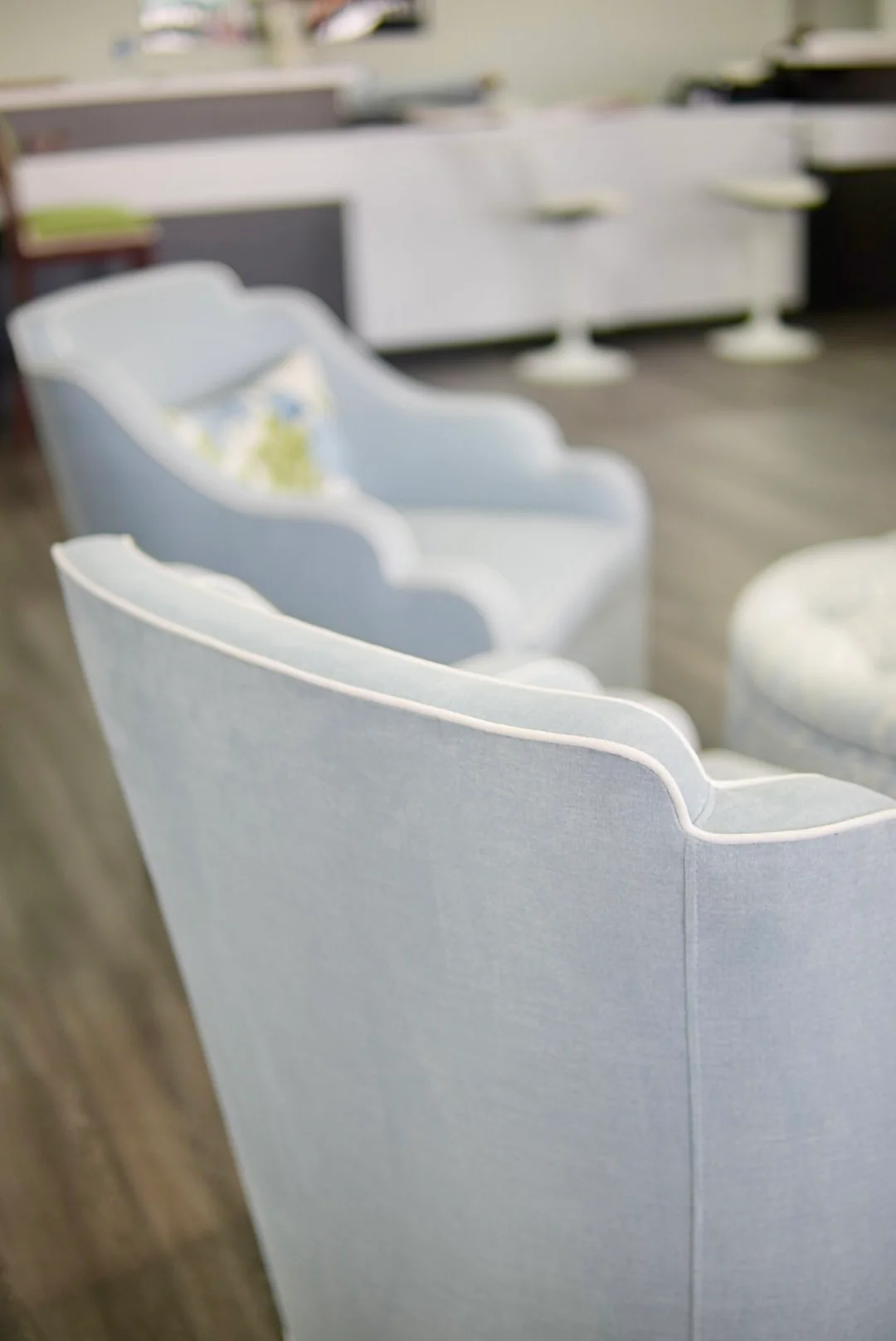 Custom Scalloped Swivel Chair: Sky Blue woven Fabric - Image 7