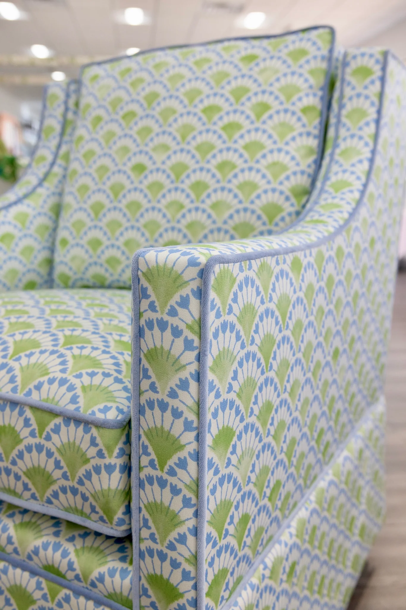 Custom Swivel Glider Chair – Floral Green / Blue Fabric with Blue Trim - Image 4