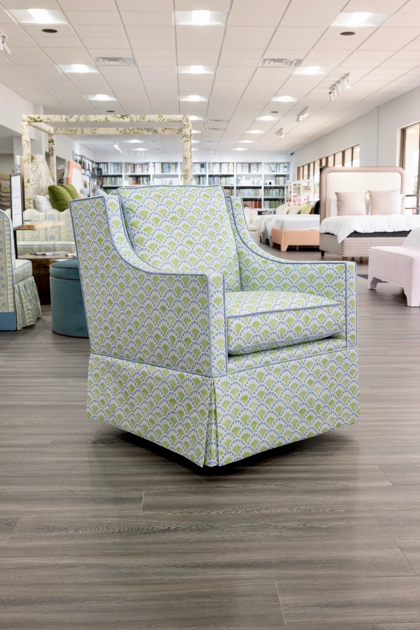 Custom Swivel Glider Chair – Floral Green / Blue Fabric with Blue Trim - Image 5