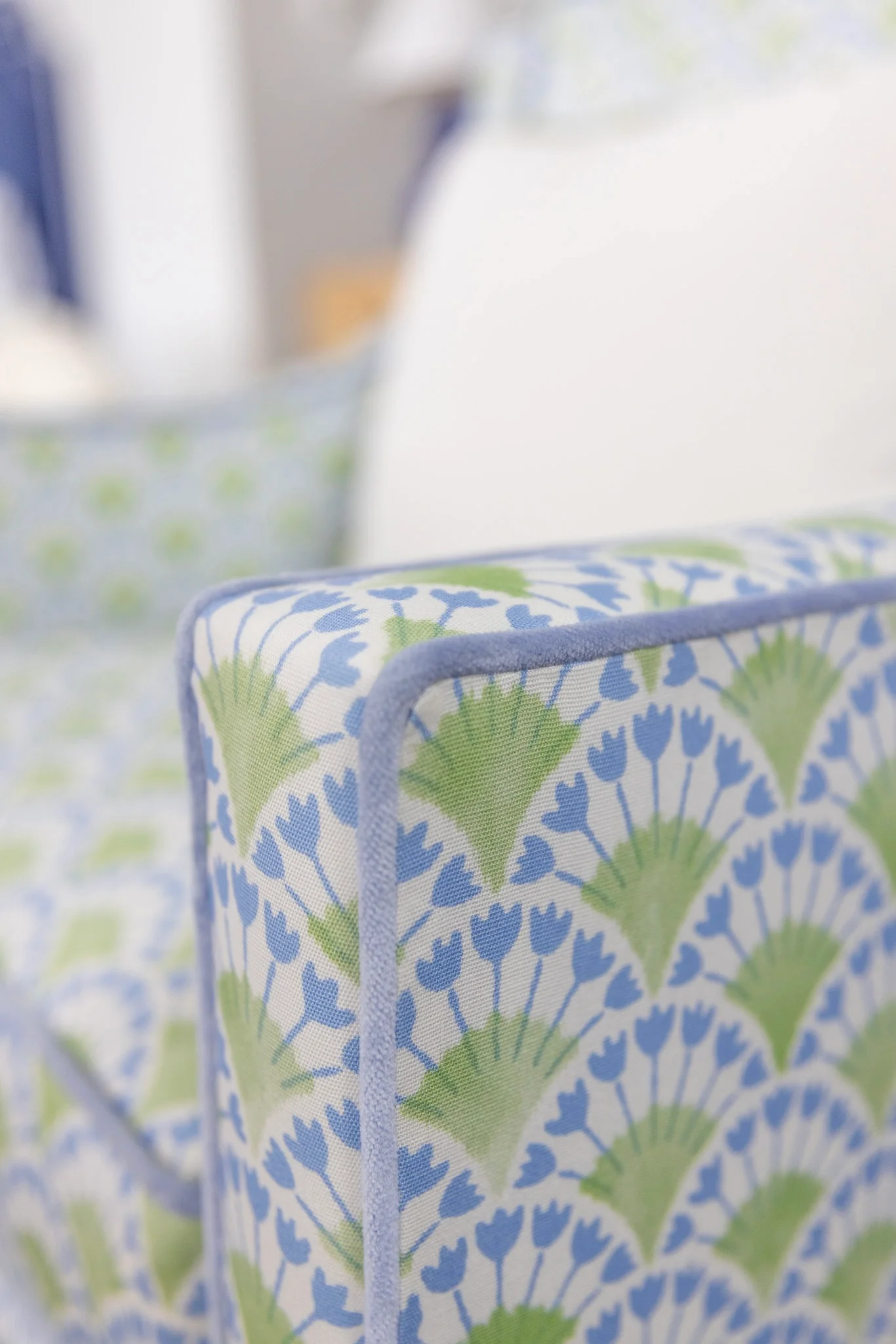 Custom Swivel Glider Chair – Floral Green / Blue Fabric with Blue Trim - Image 6