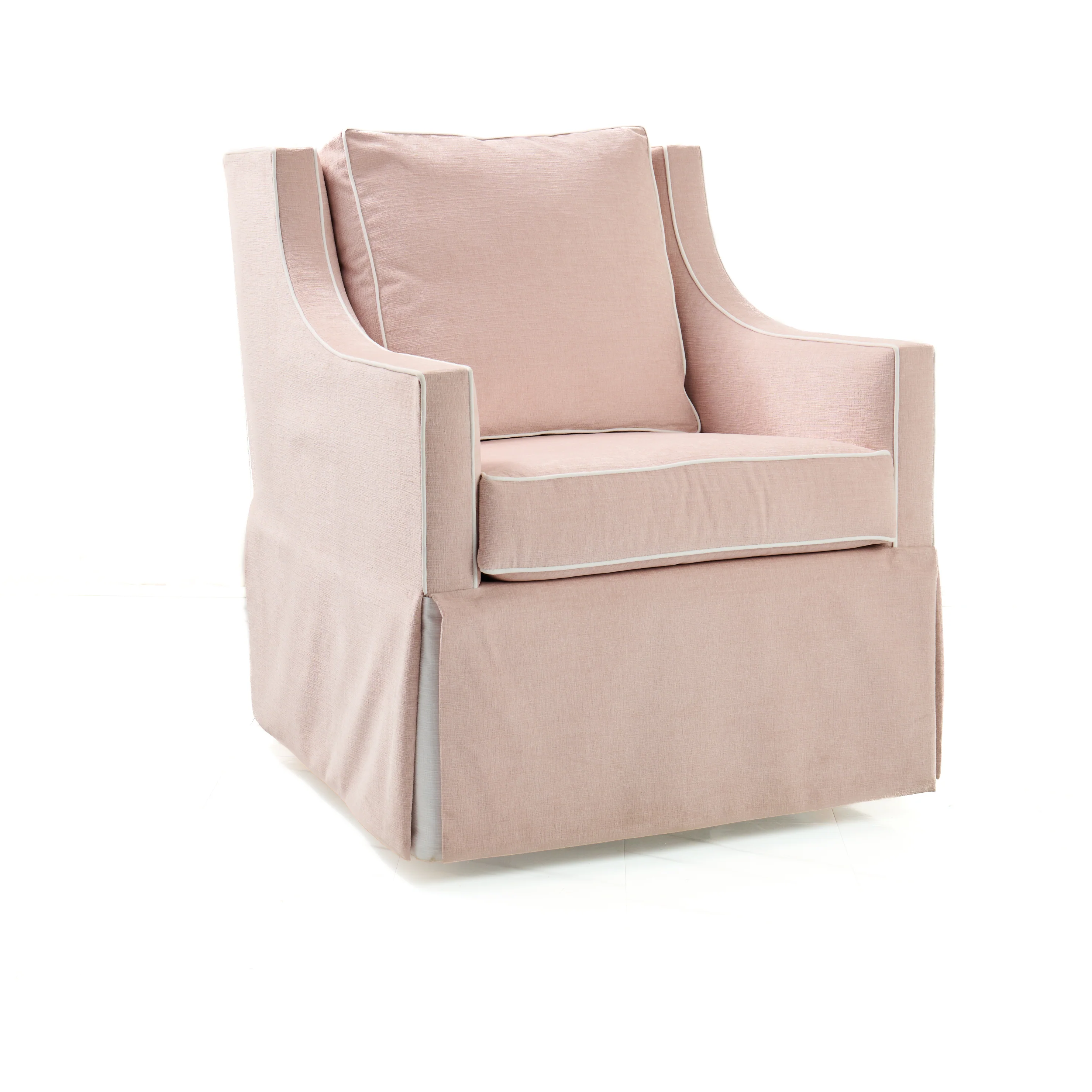 Custom Swivel Glider Chair ā Performance Light Pink Chenille Fabric with White Trim