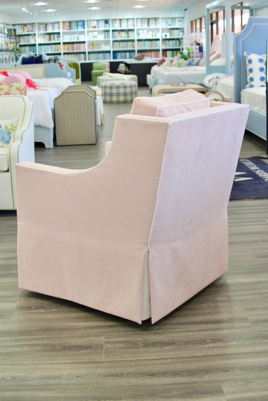 Custom Swivel Glider Chair ā Performance Light Pink Chenille Fabric with White Trim - Image 10