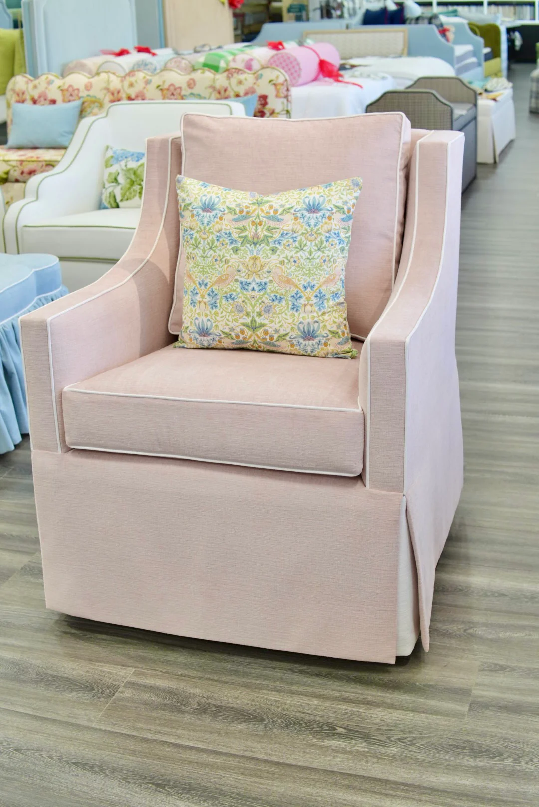 Custom Swivel Glider Chair ā Performance Light Pink Chenille Fabric with White Trim - Image 2