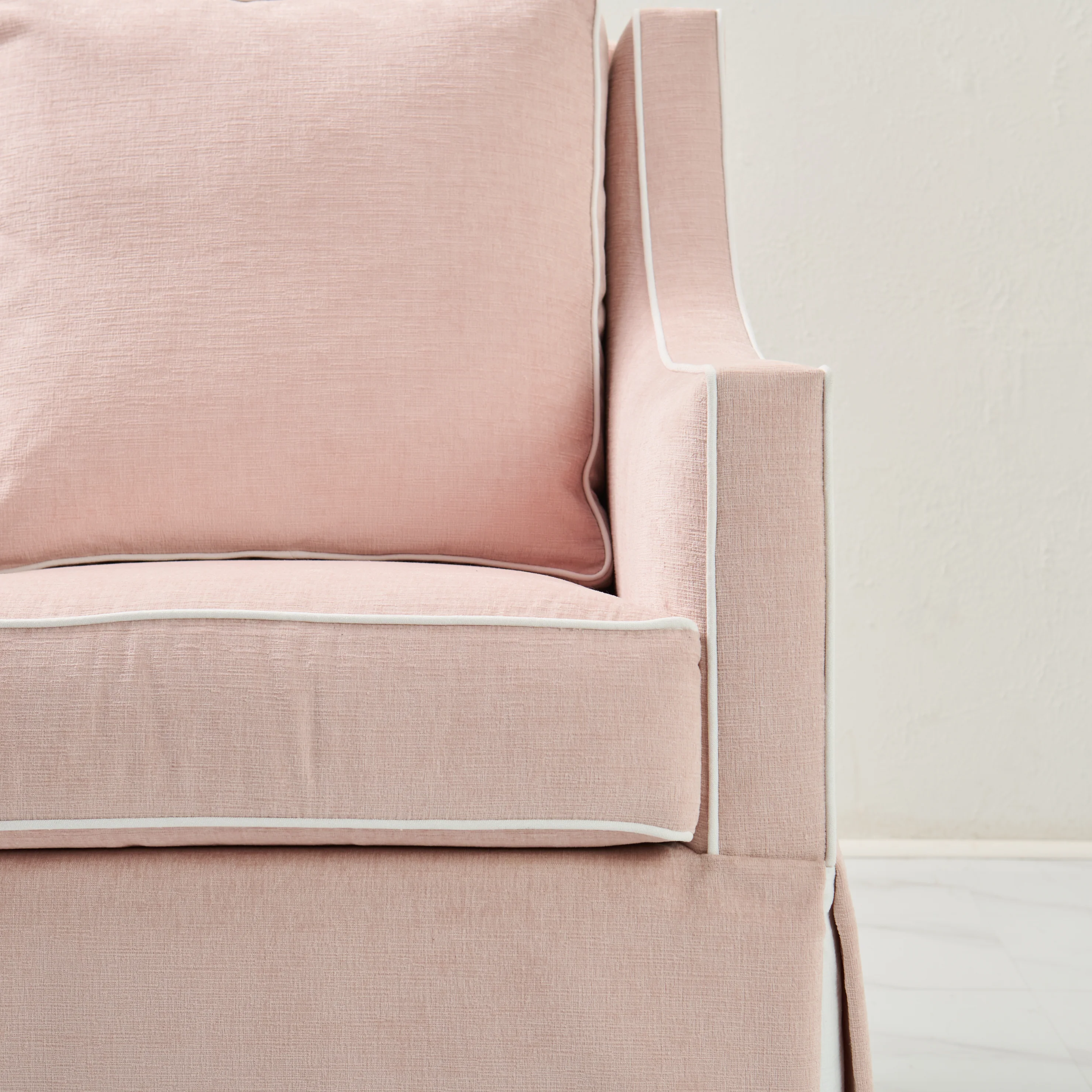 Custom Swivel Glider Chair ā Performance Light Pink Chenille Fabric with White Trim - Image 3