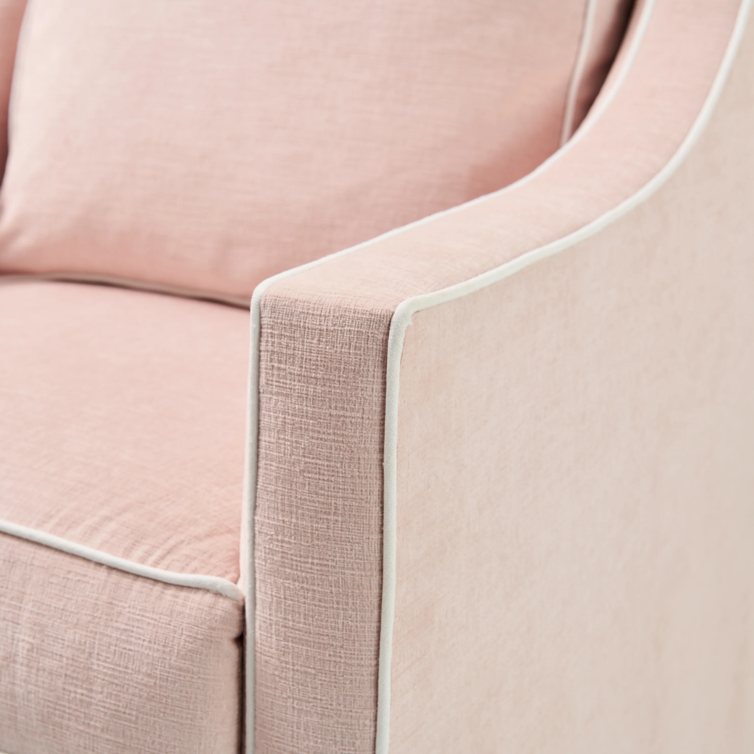 Custom Swivel Glider Chair ā Performance Light Pink Chenille Fabric with White Trim - Image 4