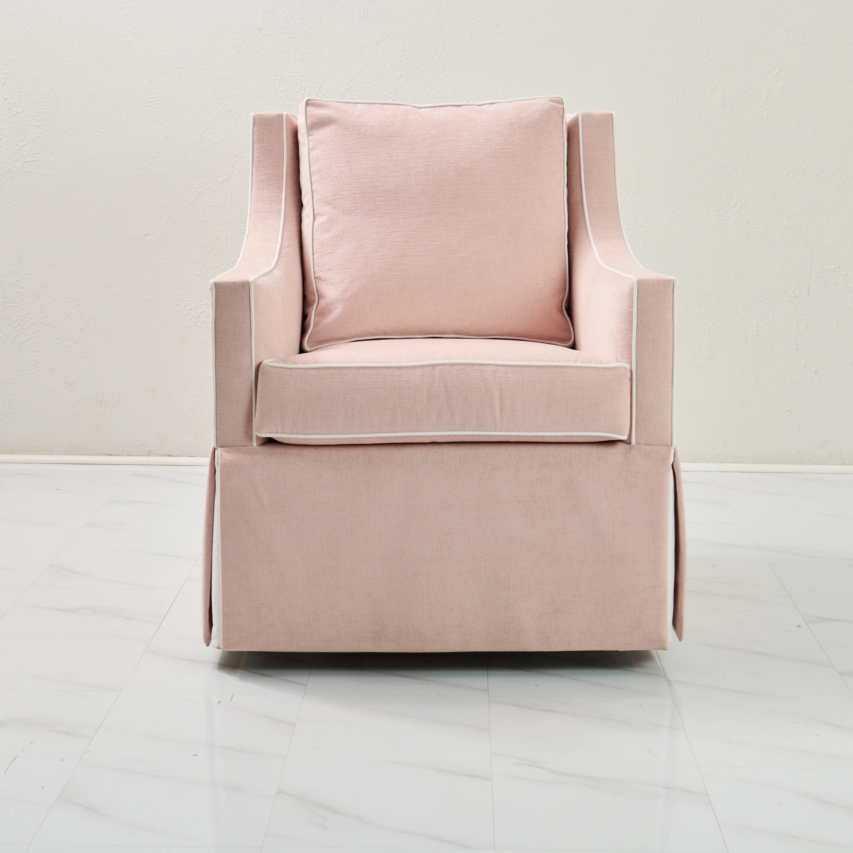 Custom Swivel Glider Chair ā Performance Light Pink Chenille Fabric with White Trim - Image 5