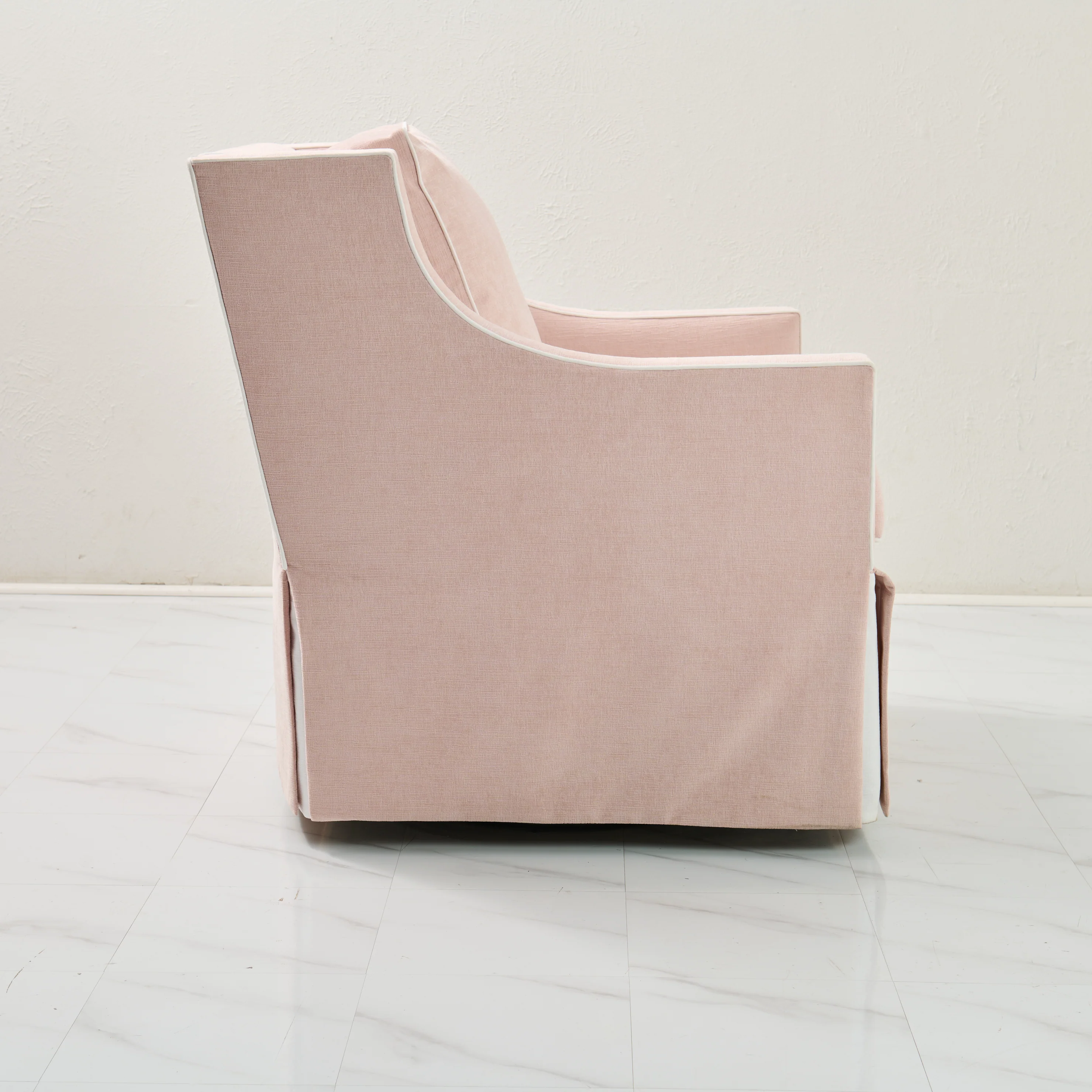 Custom Swivel Glider Chair ā Performance Light Pink Chenille Fabric with White Trim - Image 6