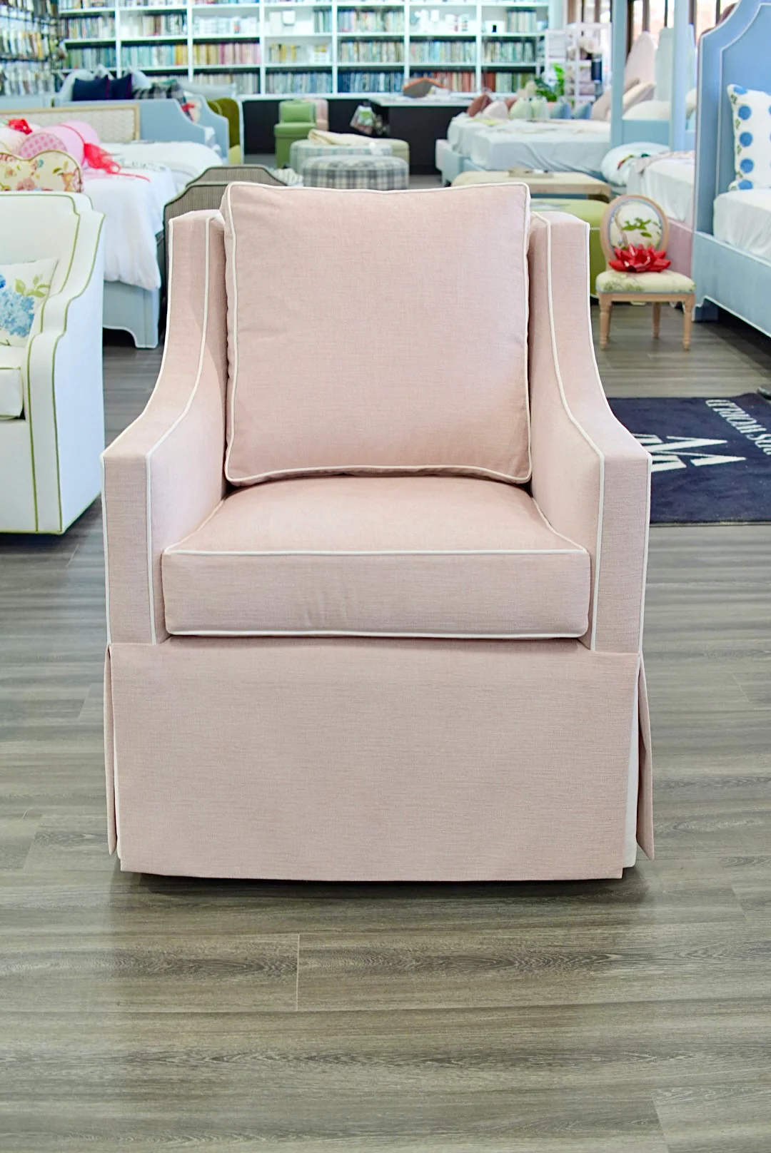 Custom Swivel Glider Chair ā Performance Light Pink Chenille Fabric with White Trim - Image 7