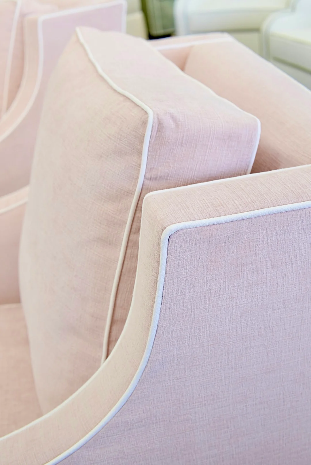Custom Swivel Glider Chair ā Performance Light Pink Chenille Fabric with White Trim - Image 8
