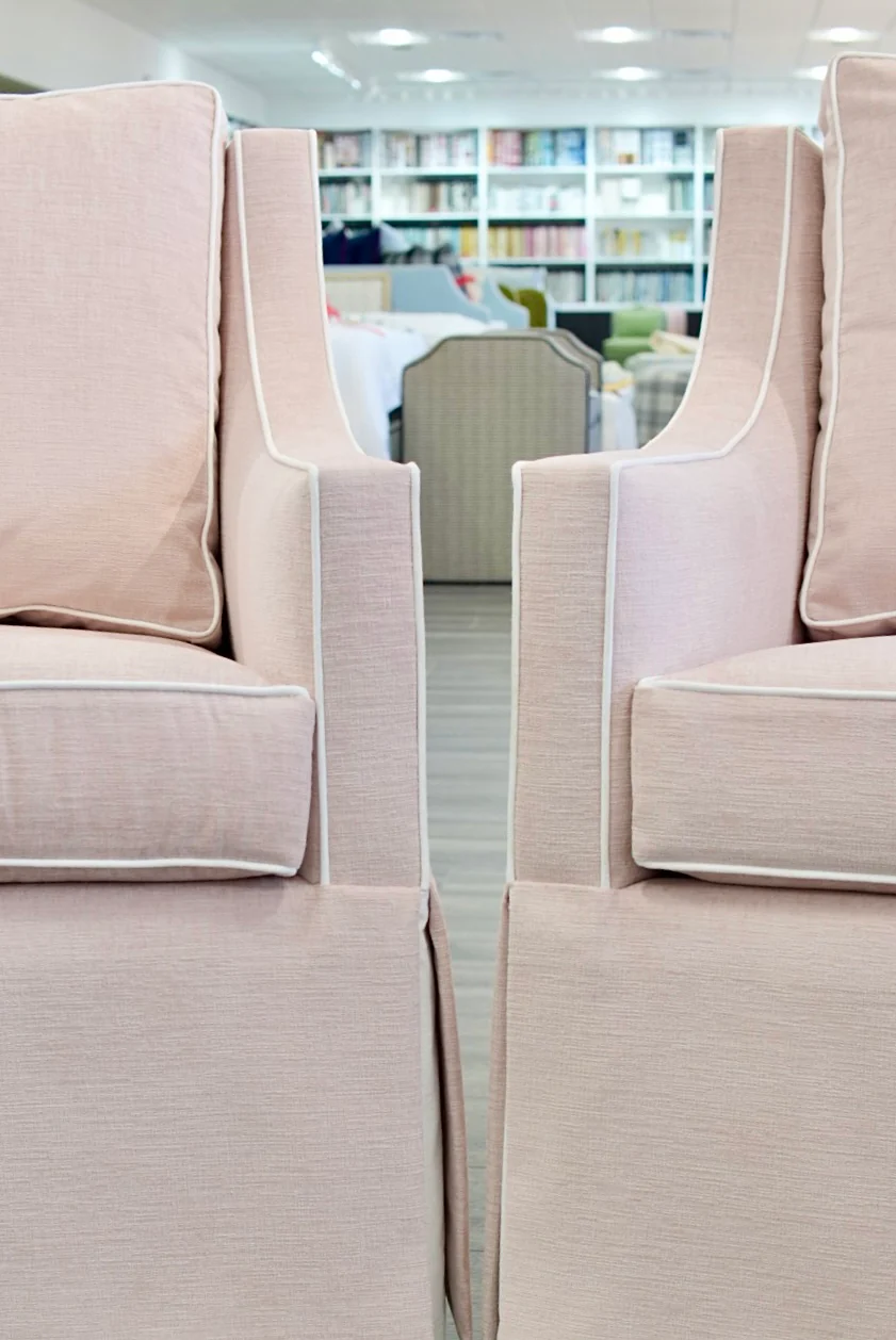 Custom Swivel Glider Chair ā Performance Light Pink Chenille Fabric with White Trim - Image 9