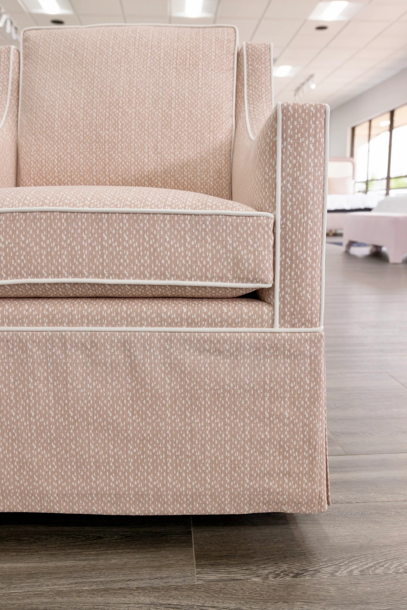 Custom Swivel Glider Chair – Pink Dotted Fabric with White Trim - Image 3