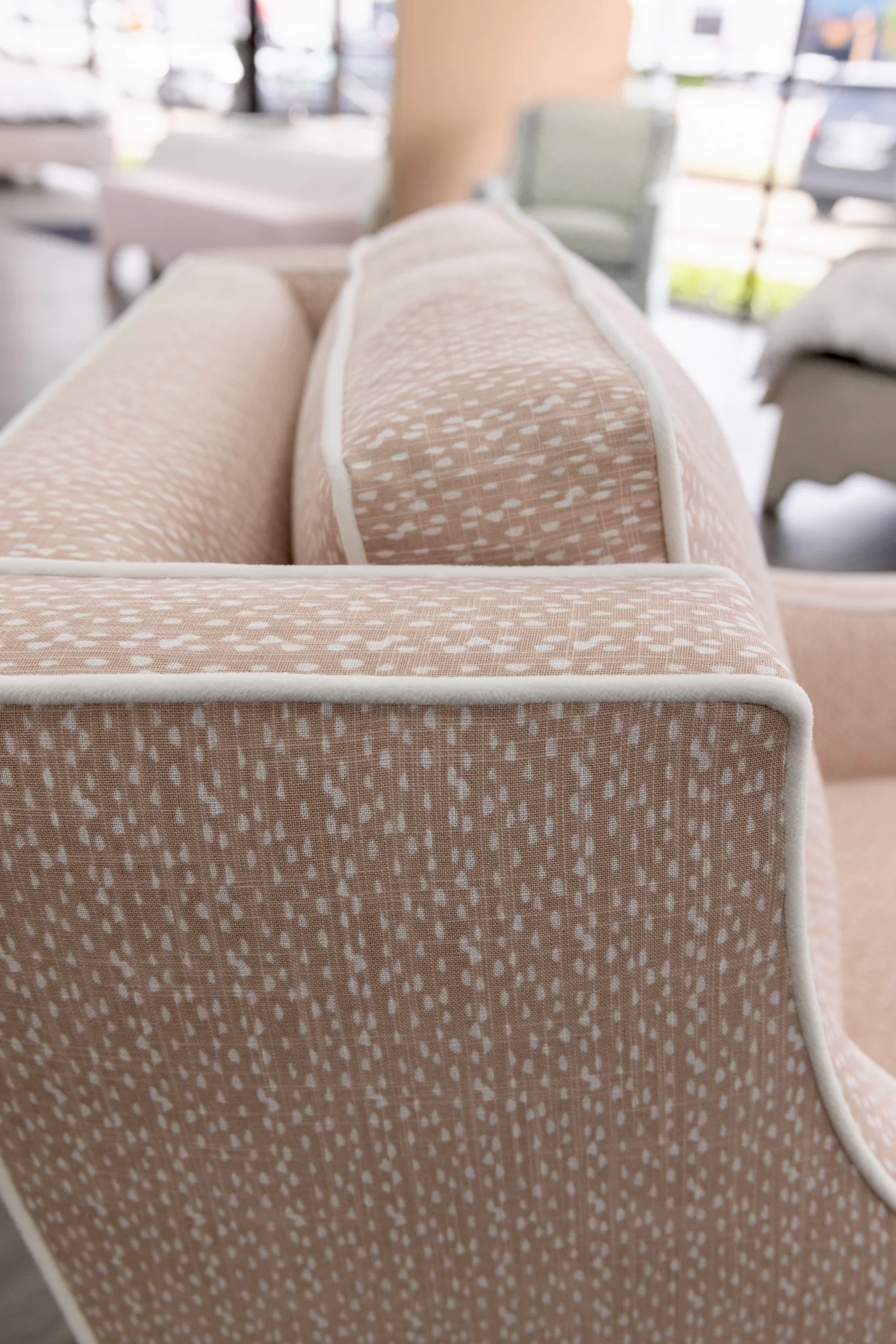 Custom Swivel Glider Chair – Pink Dotted Fabric with White Trim - Image 5