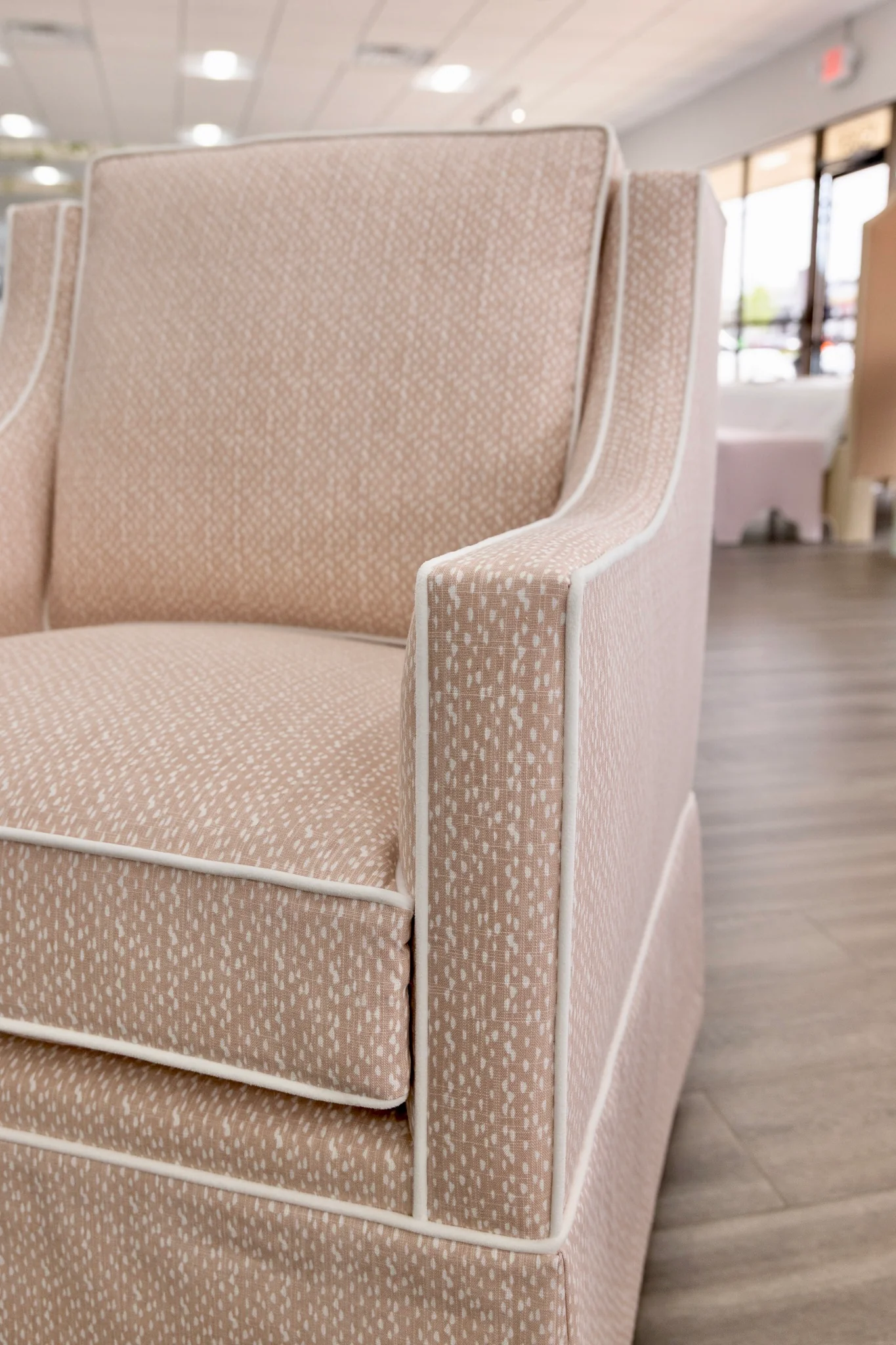 Custom Swivel Glider Chair – Pink Dotted Fabric with White Trim - Image 8