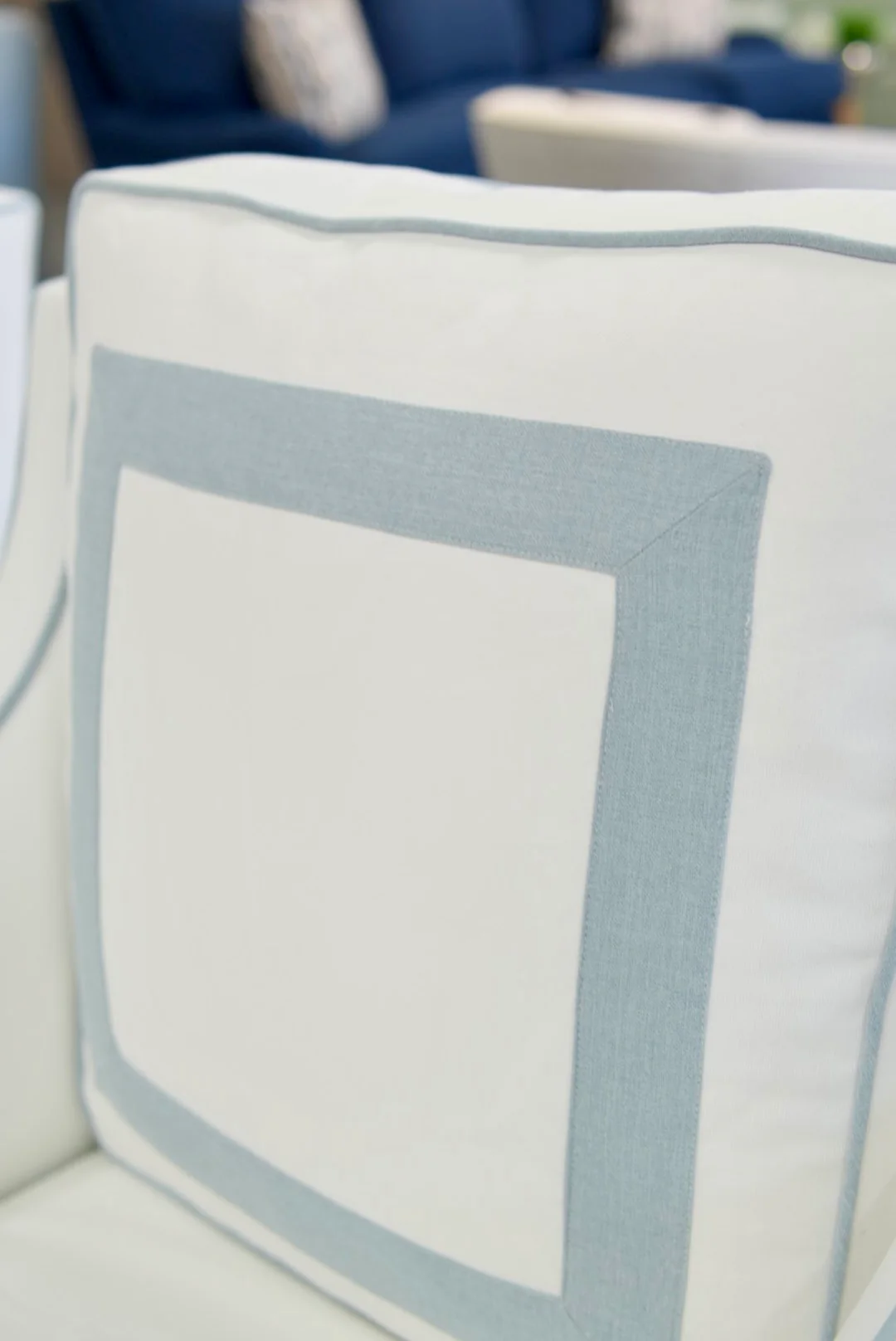 Custom Swivel Glider Chair – White Linen with Sky Blue Trim - Image 10