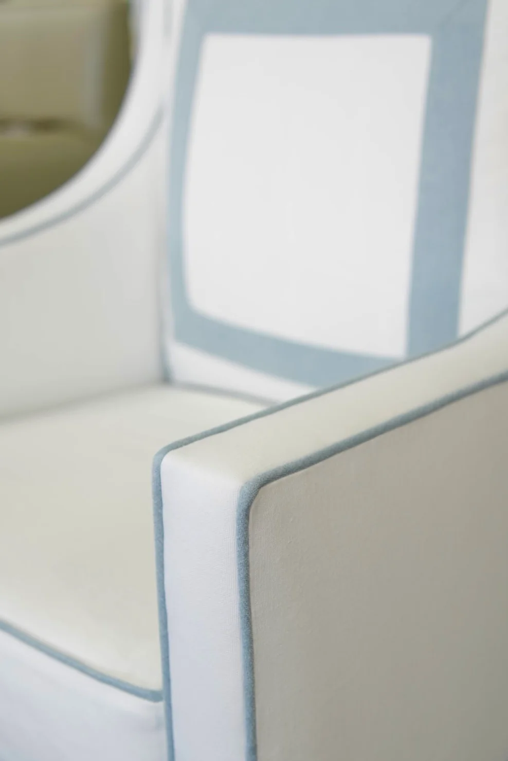 Custom Swivel Glider Chair – White Linen with Sky Blue Trim - Image 11