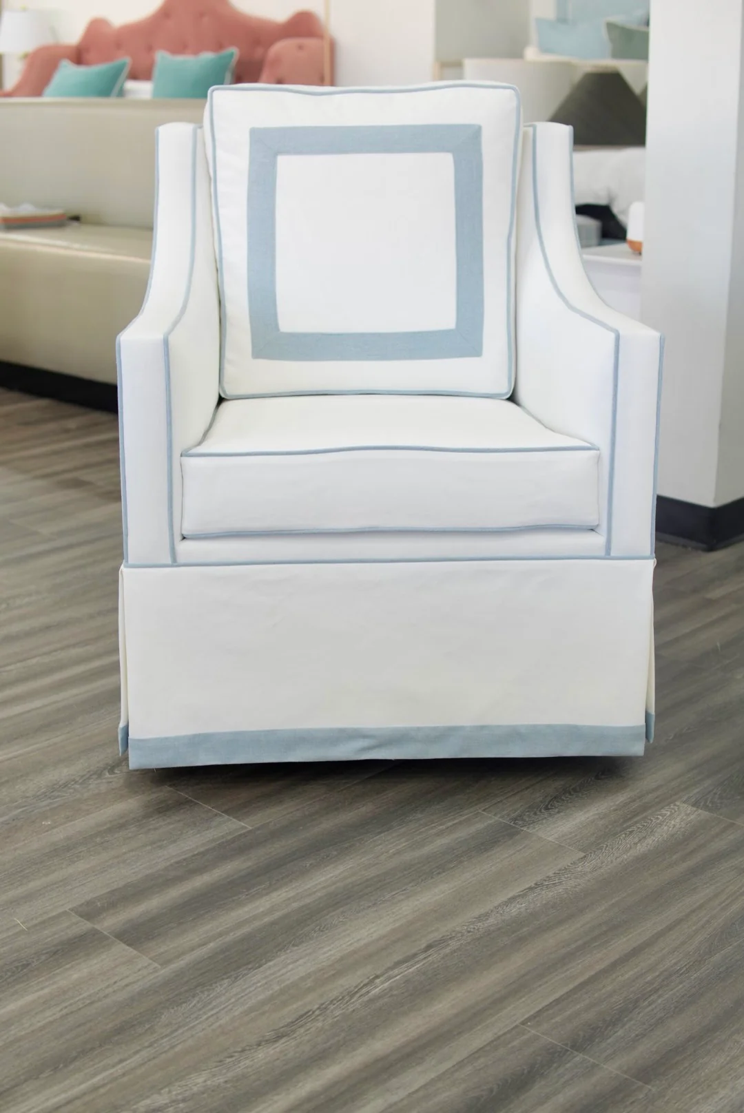 Custom Swivel Glider Chair – White Linen with Sky Blue Trim - Image 2