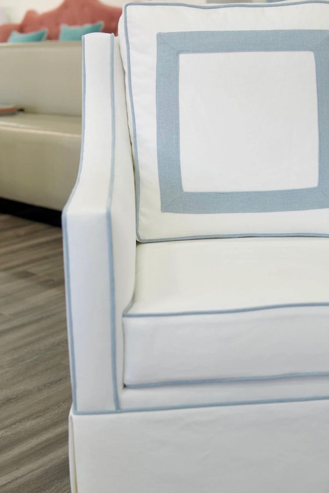 Custom Swivel Glider Chair – White Linen with Sky Blue Trim - Image 6