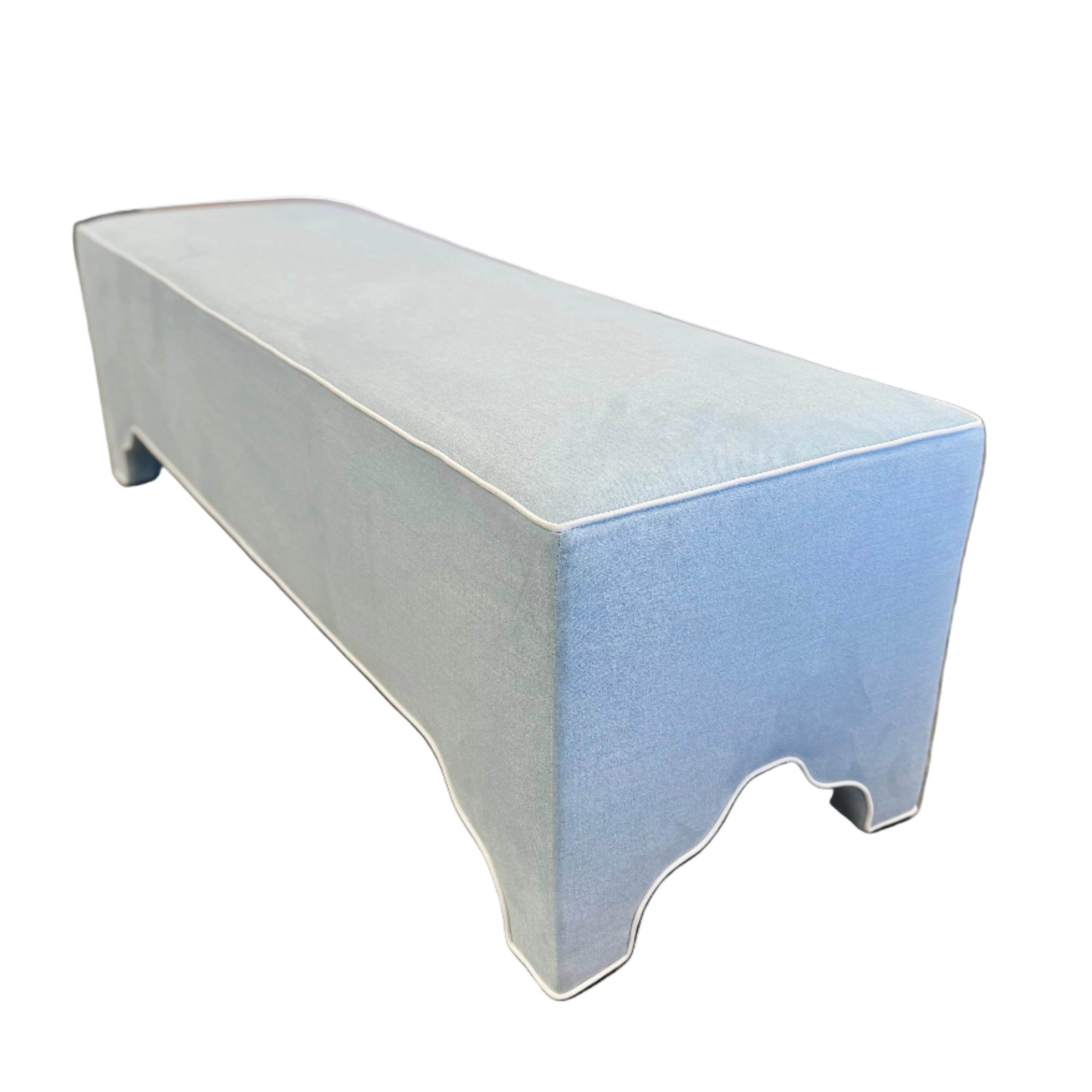 Custom Upholstered Bench in Sky Blue Woven Fabric
