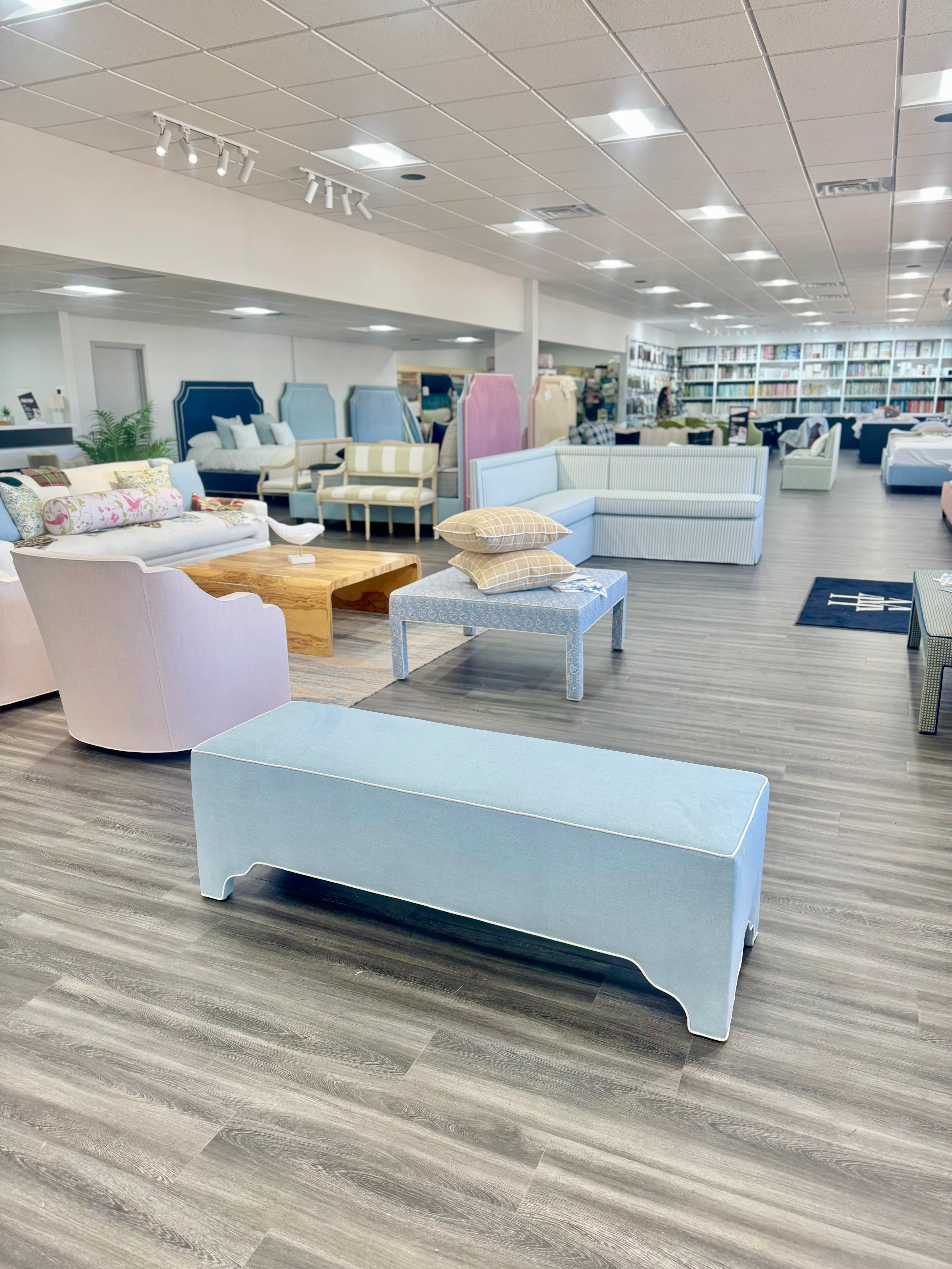 Custom Upholstered Bench in Sky Blue Woven Fabric - Image 2