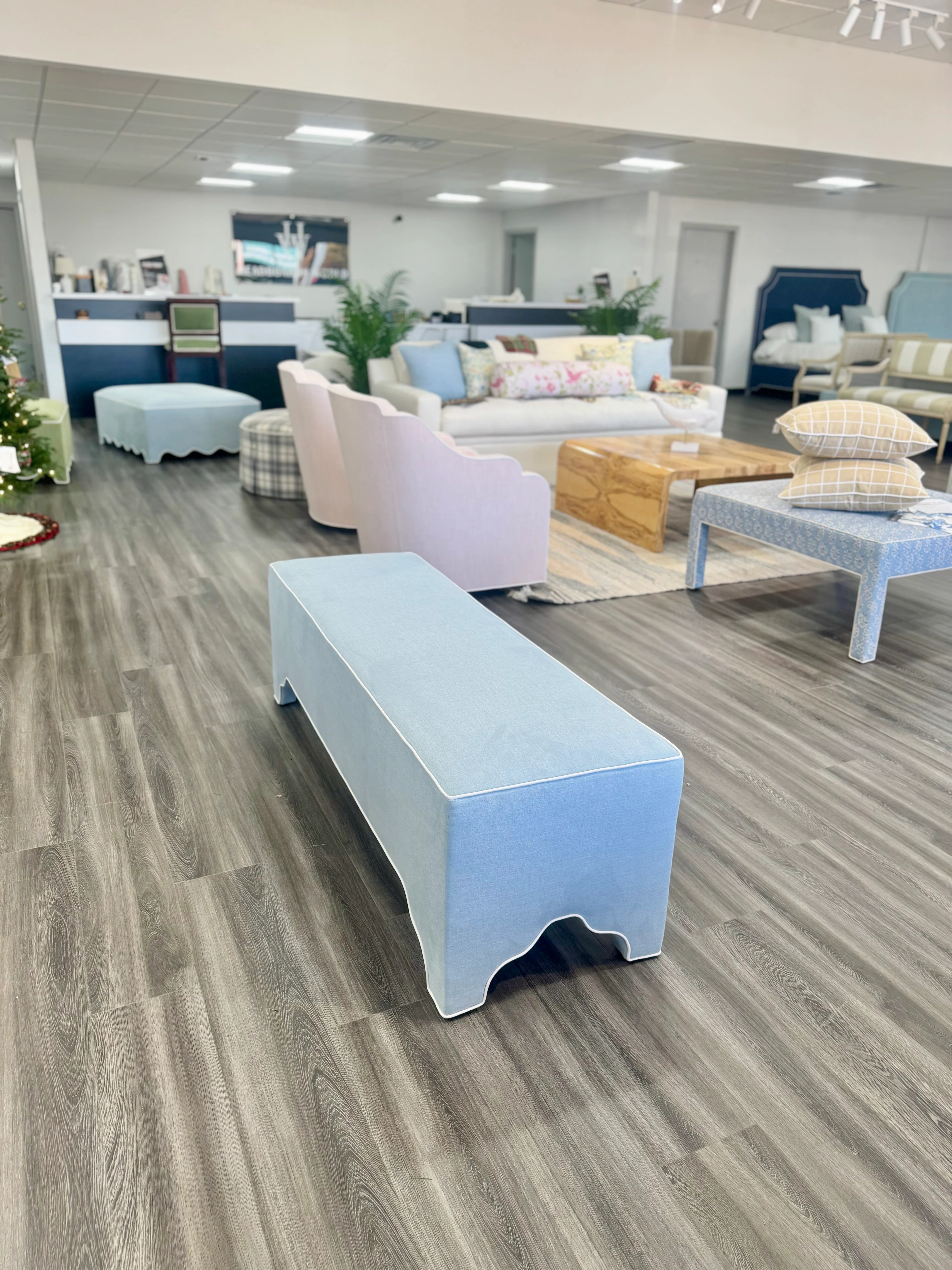 Custom Upholstered Bench in Sky Blue Woven Fabric - Image 4
