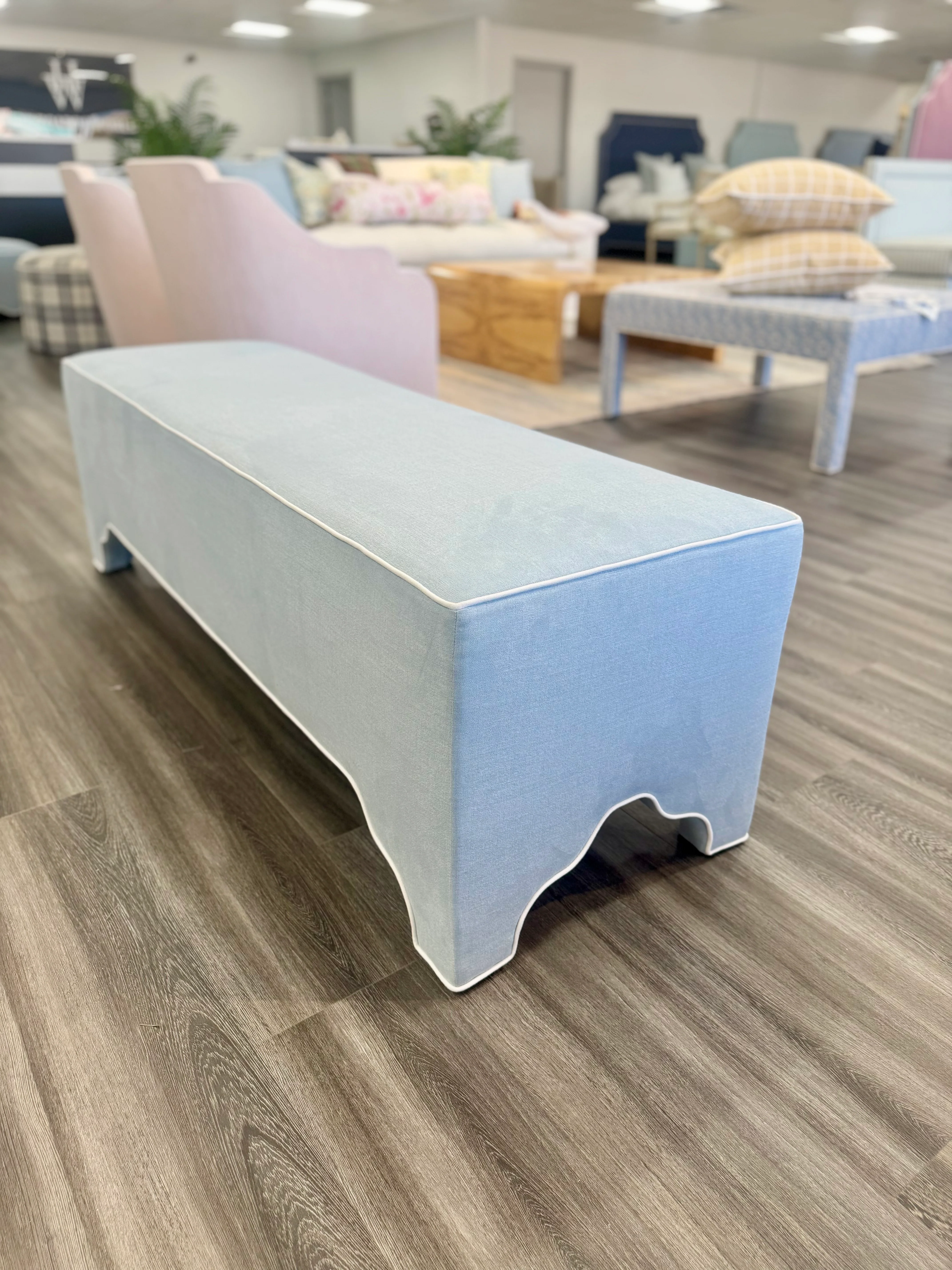 Custom Upholstered Bench in Sky Blue Woven Fabric - Image 5