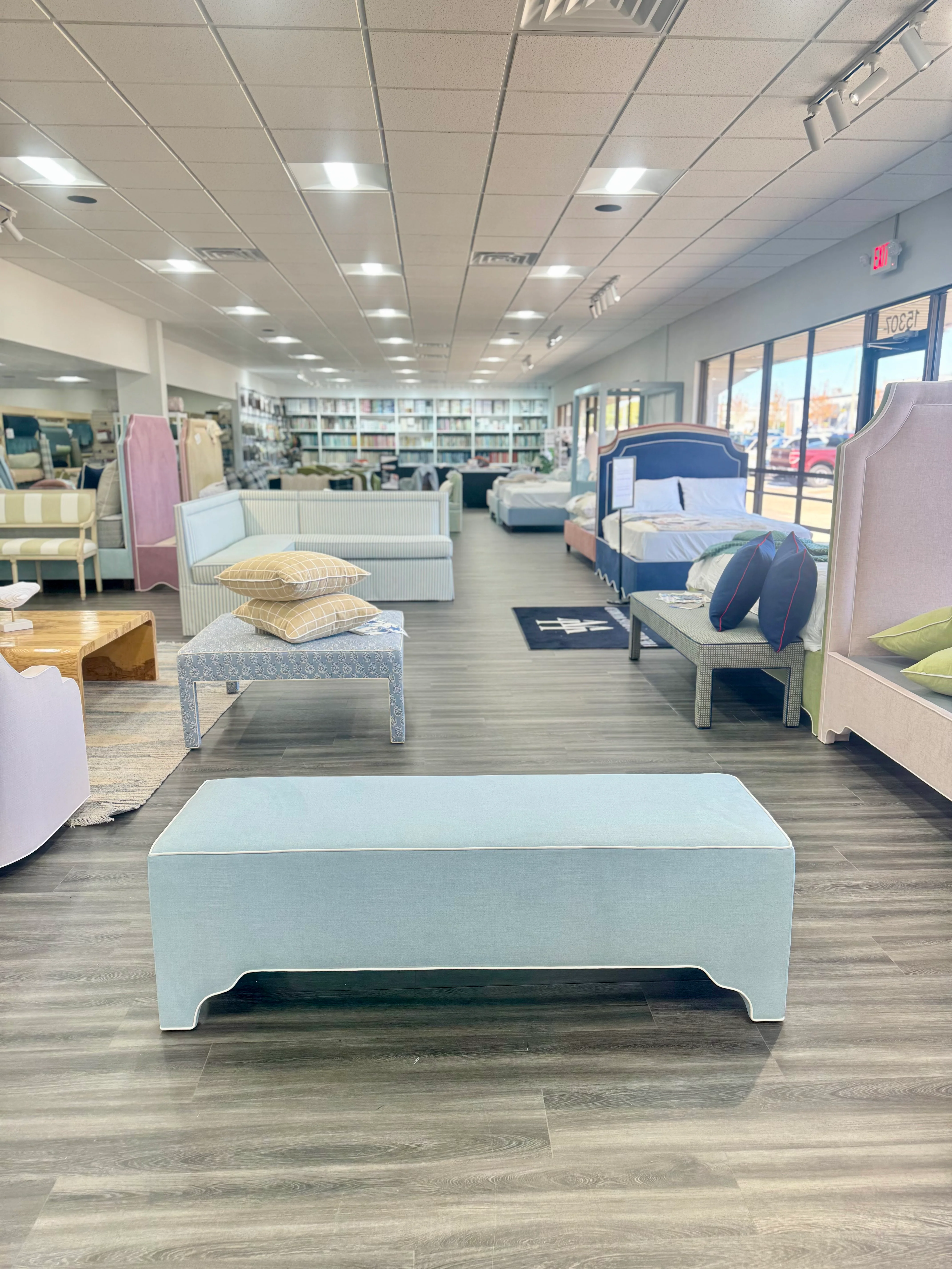 Custom Upholstered Bench in Sky Blue Woven Fabric - Image 6