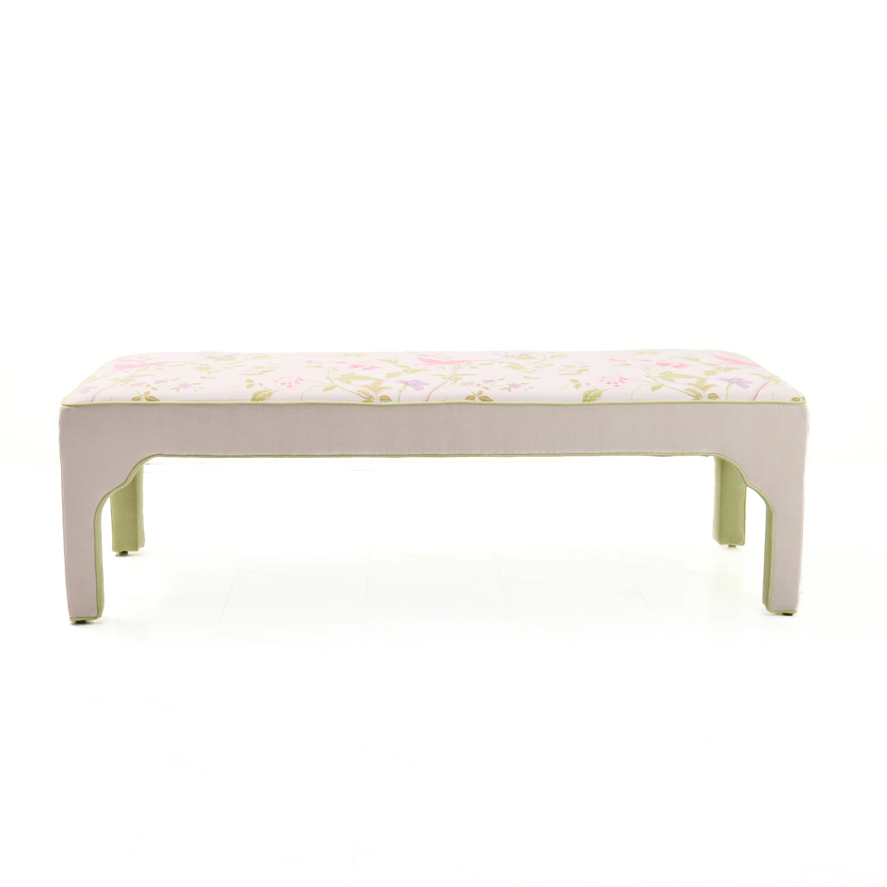 Custom Upholstered Bench in Floral Fabric - Pear Green Trim