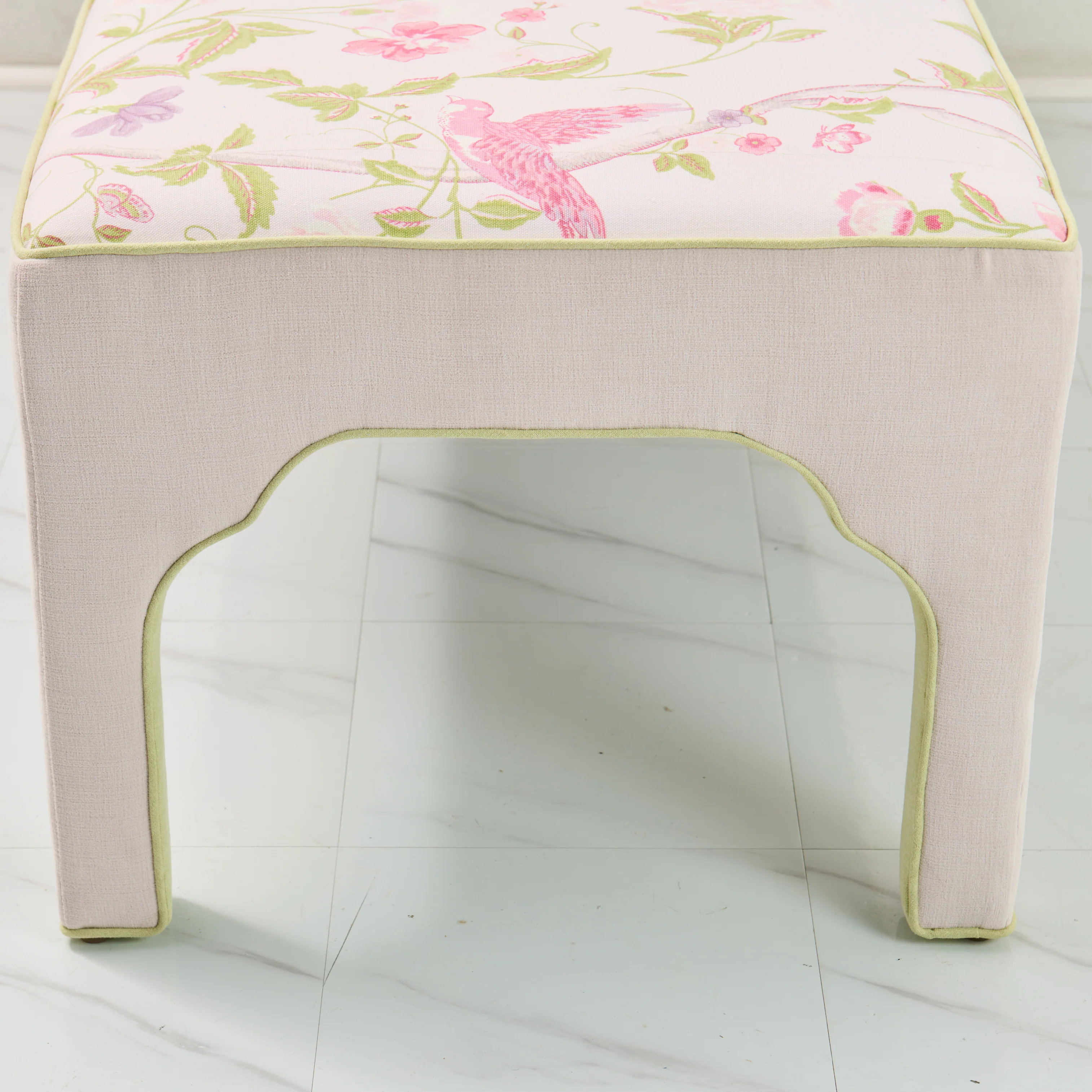 Custom Upholstered Bench in Floral Fabric - Pear Green Trim - Image 2
