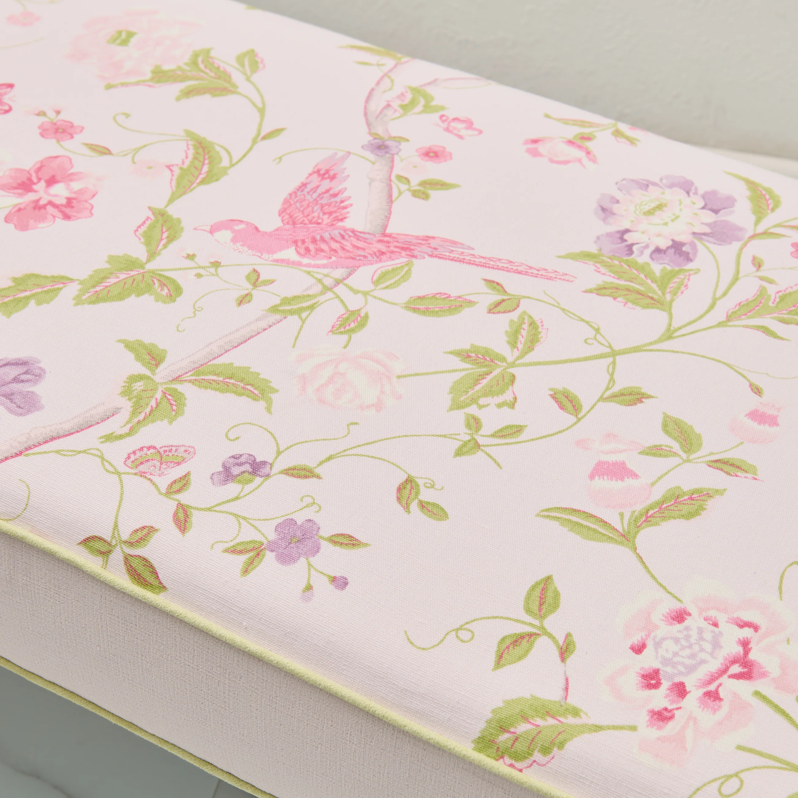 Custom Upholstered Bench in Floral Fabric - Pear Green Trim - Image 3
