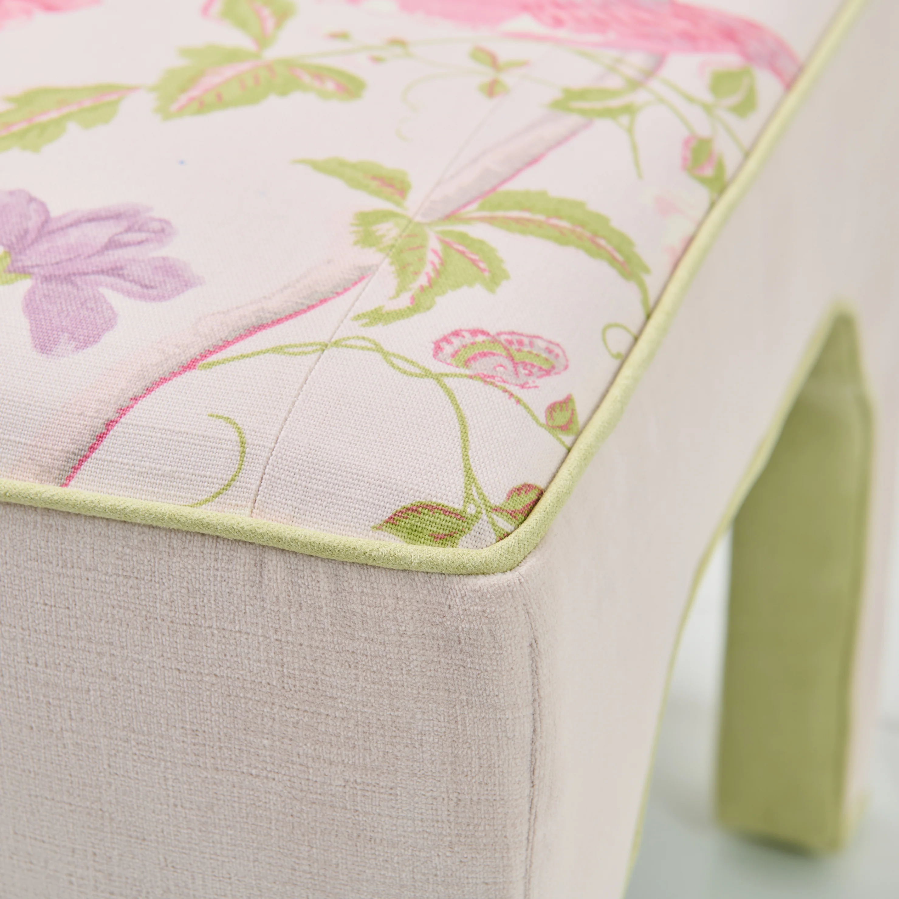 Custom Upholstered Bench in Floral Fabric - Pear Green Trim - Image 4