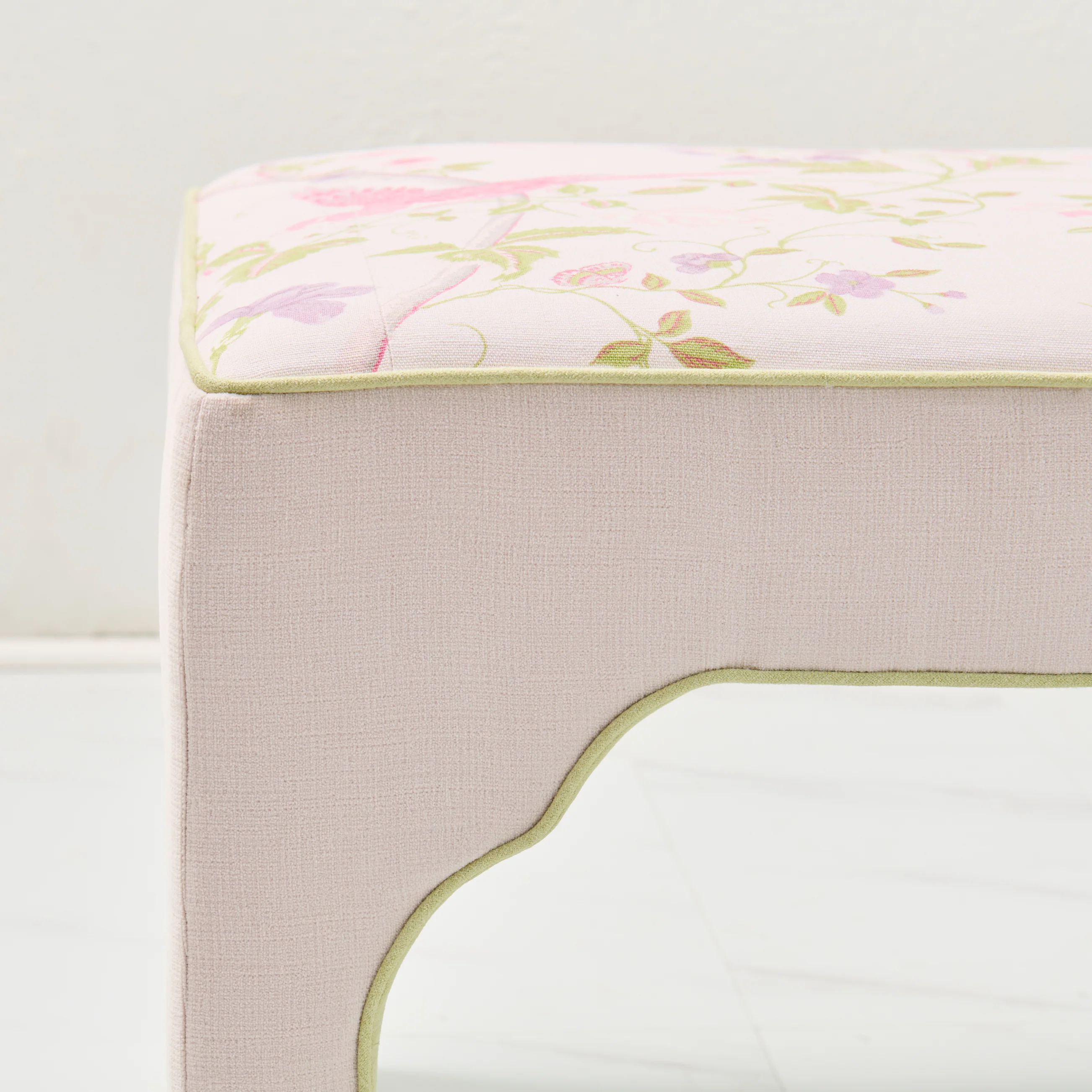Custom Upholstered Bench in Floral Fabric - Pear Green Trim - Image 5