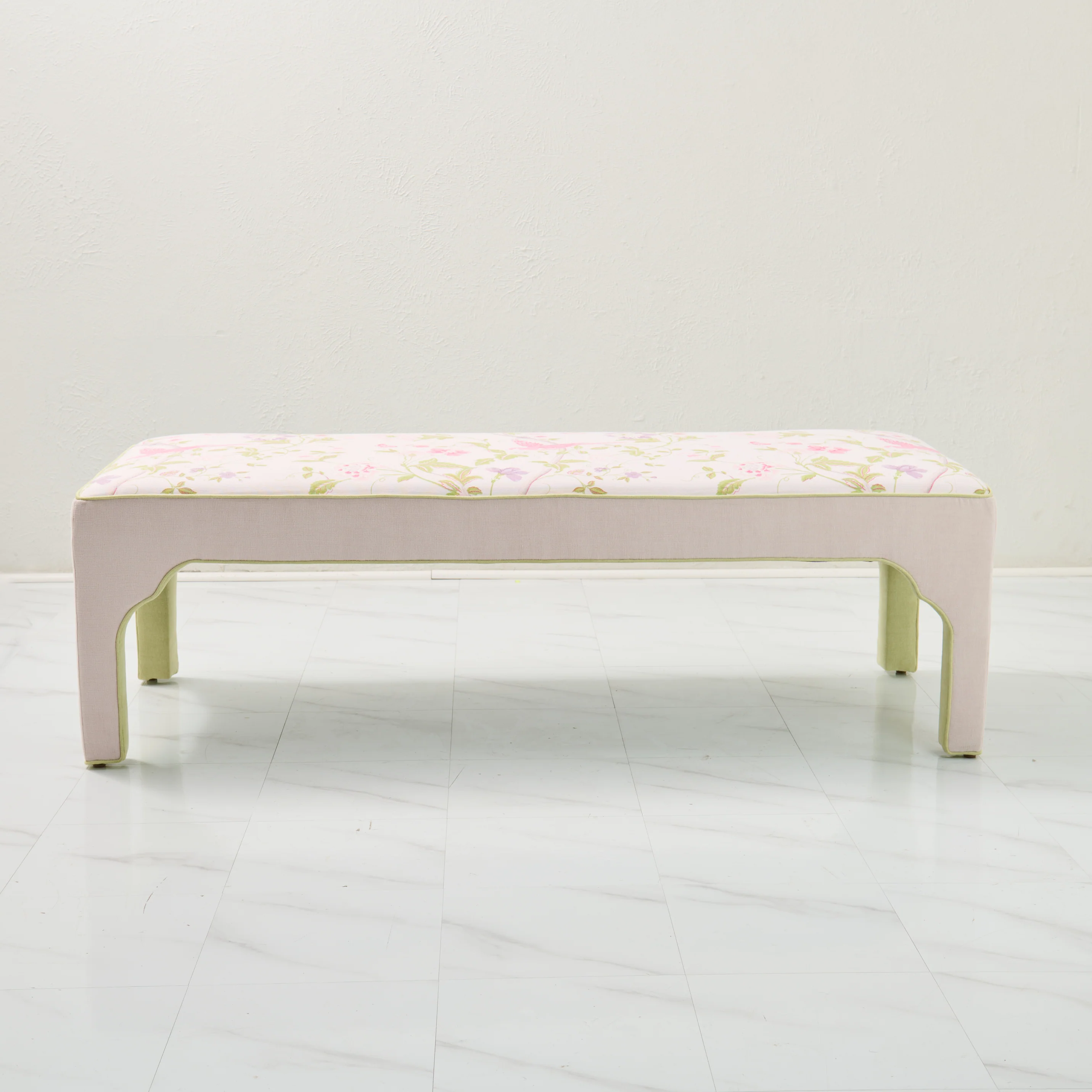 Custom Upholstered Bench in Floral Fabric - Pear Green Trim - Image 6