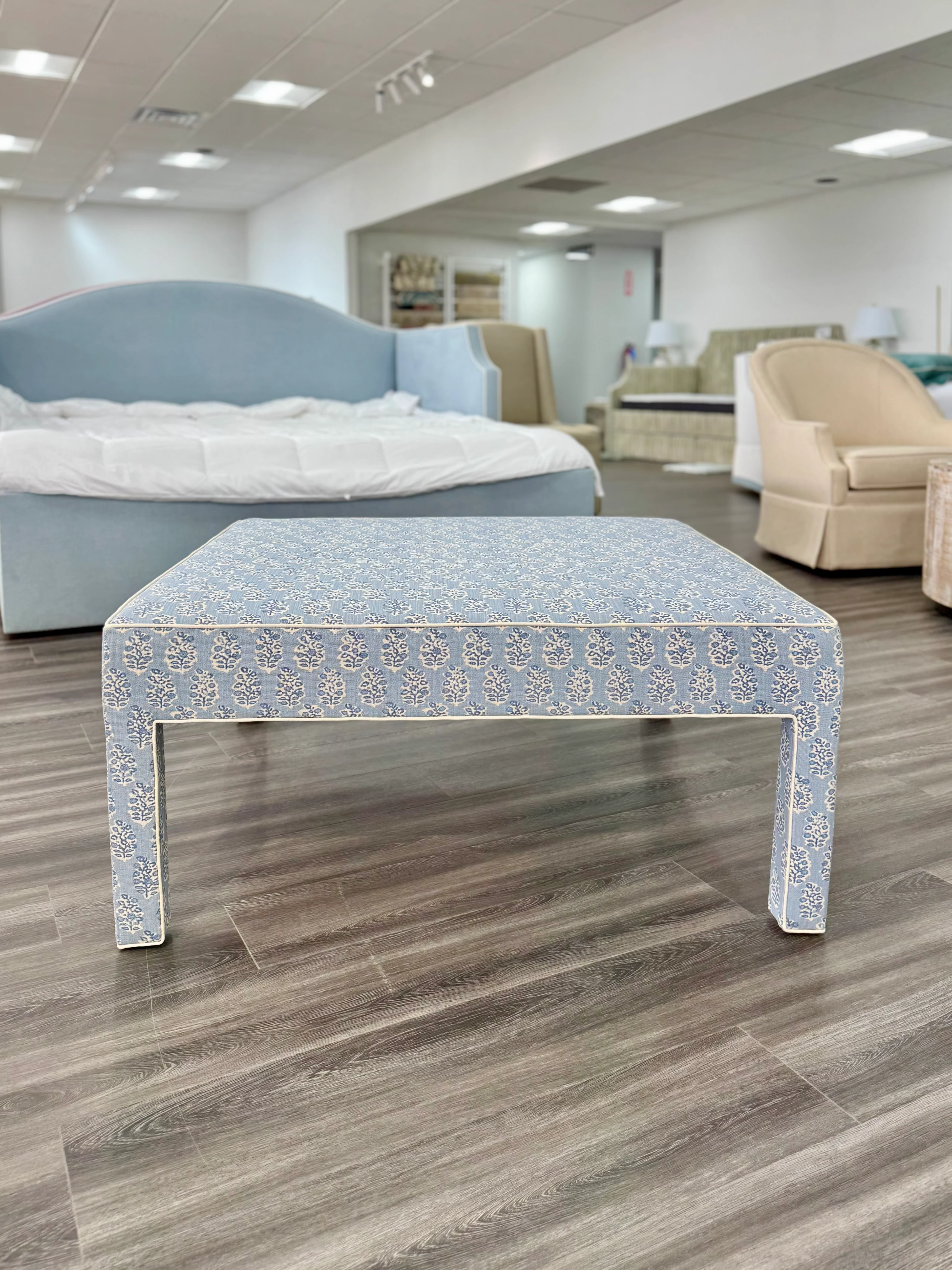 Custom Upholstered Bench in Perry Blue Floral Fabric - Image 4
